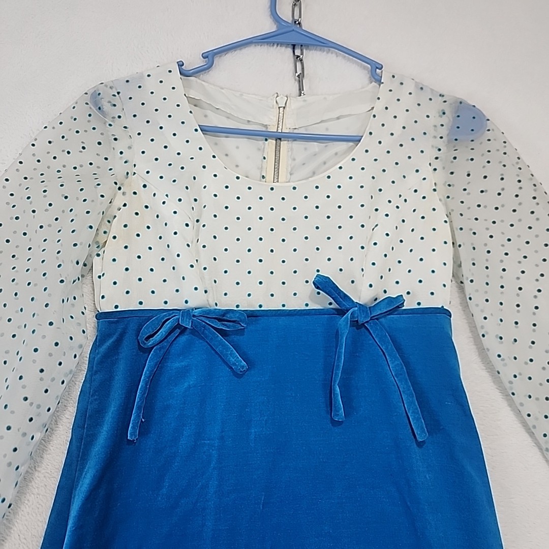 Vtg 60s 70s Empire Waist Maxi Dress Homemade Sheer Sleeve Aqua Blue Velvet