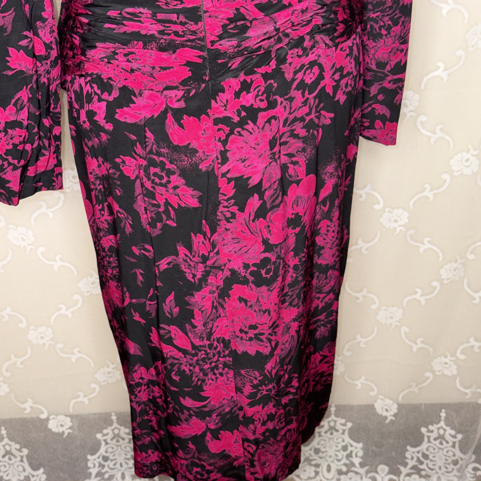 VTG Yves Cassette Magenta & Black Silk Bust Lined Cocktail Dress Sissy Bow SZ 10