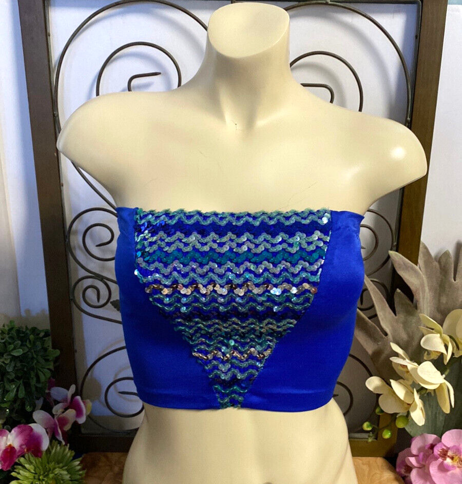 WOMEN’S VINTAGE 80s SEQUIN ROYAL BLUE SHINY SPANDEX TUBE TOP BANDEAU-ONE SIZE