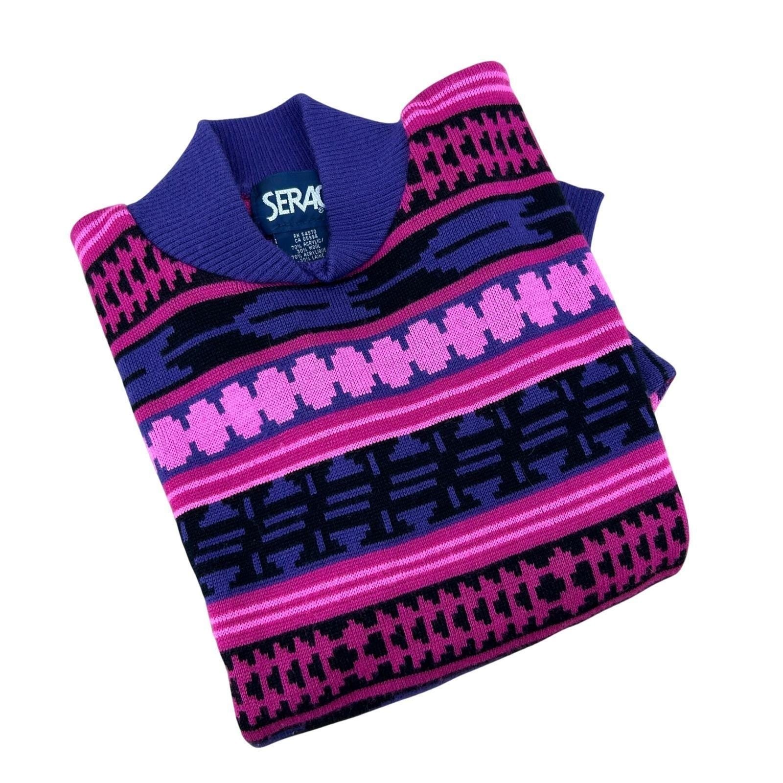 Serac Sweater Womens L Purple Pink Geometric Wool Blend Vintage 80s Retro Ski