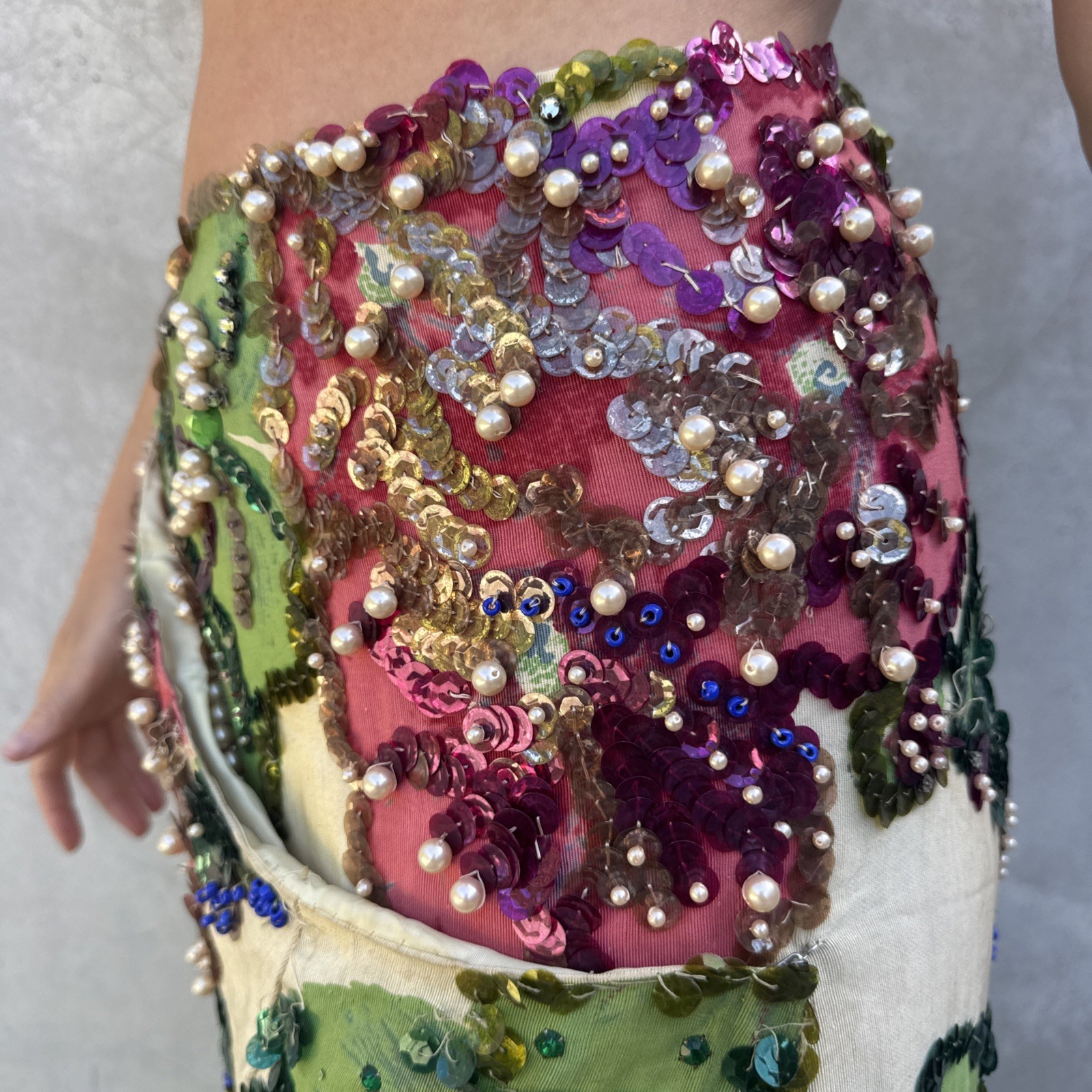 Vintage 1930s Painted Skirt Rhinestones Beading Pearls Flower Showgirl Burlesque