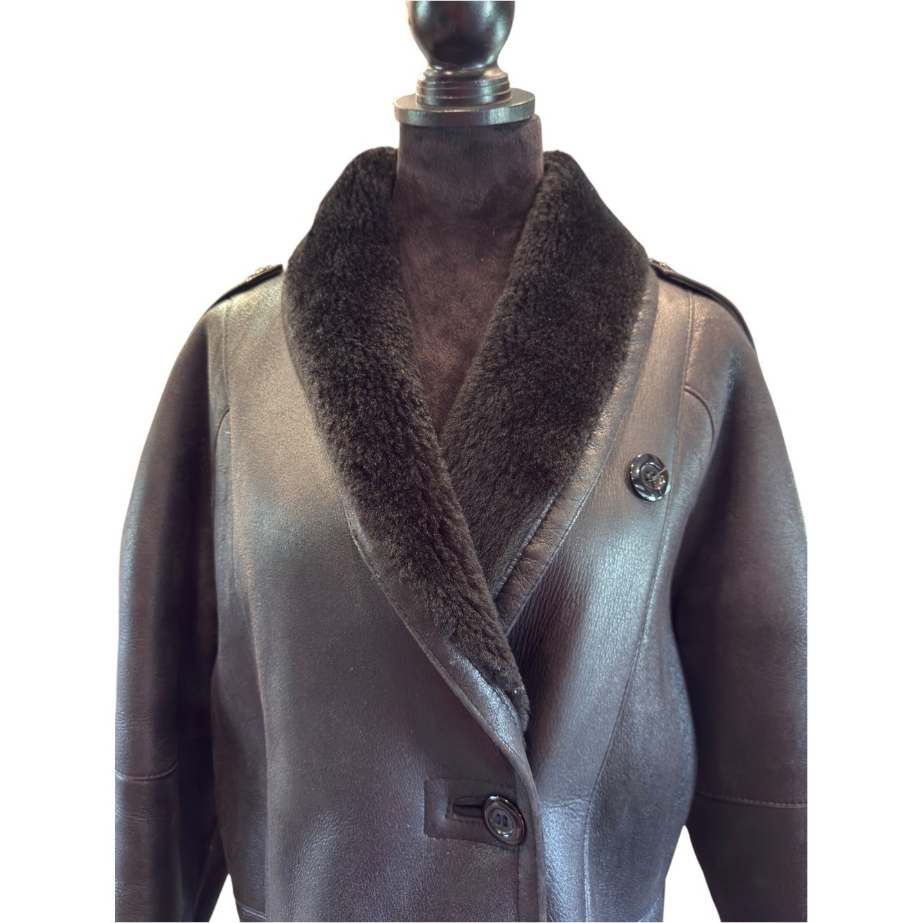 Montreal Sheepskin Genuine Shearling Coat Vintage 80s Black Leather Plush P/S