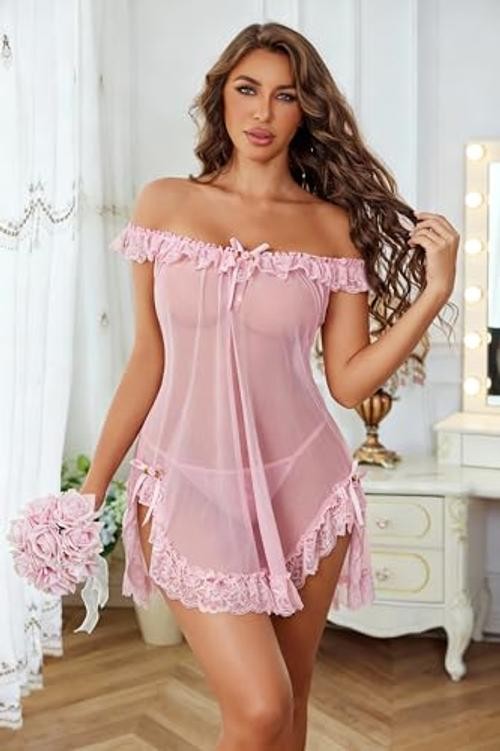 Women 2 Piece Babydoll Lingerie Set Sheer Mesh Lace Slip Nightgown Medium Pink