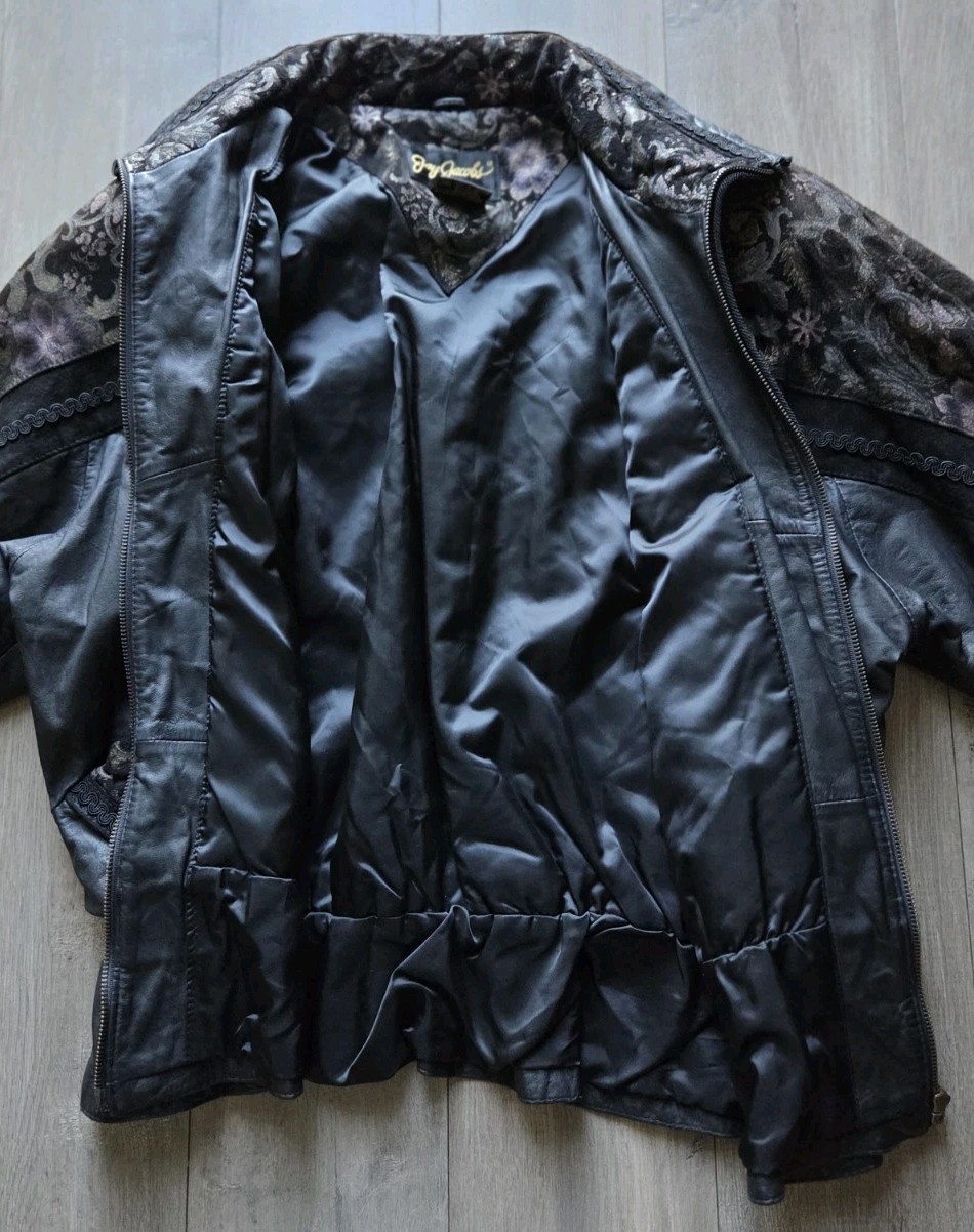 Vtg 80s 90s Jay Jacobs Leather Tapestry Floral Paisley Bomber Jacket Large