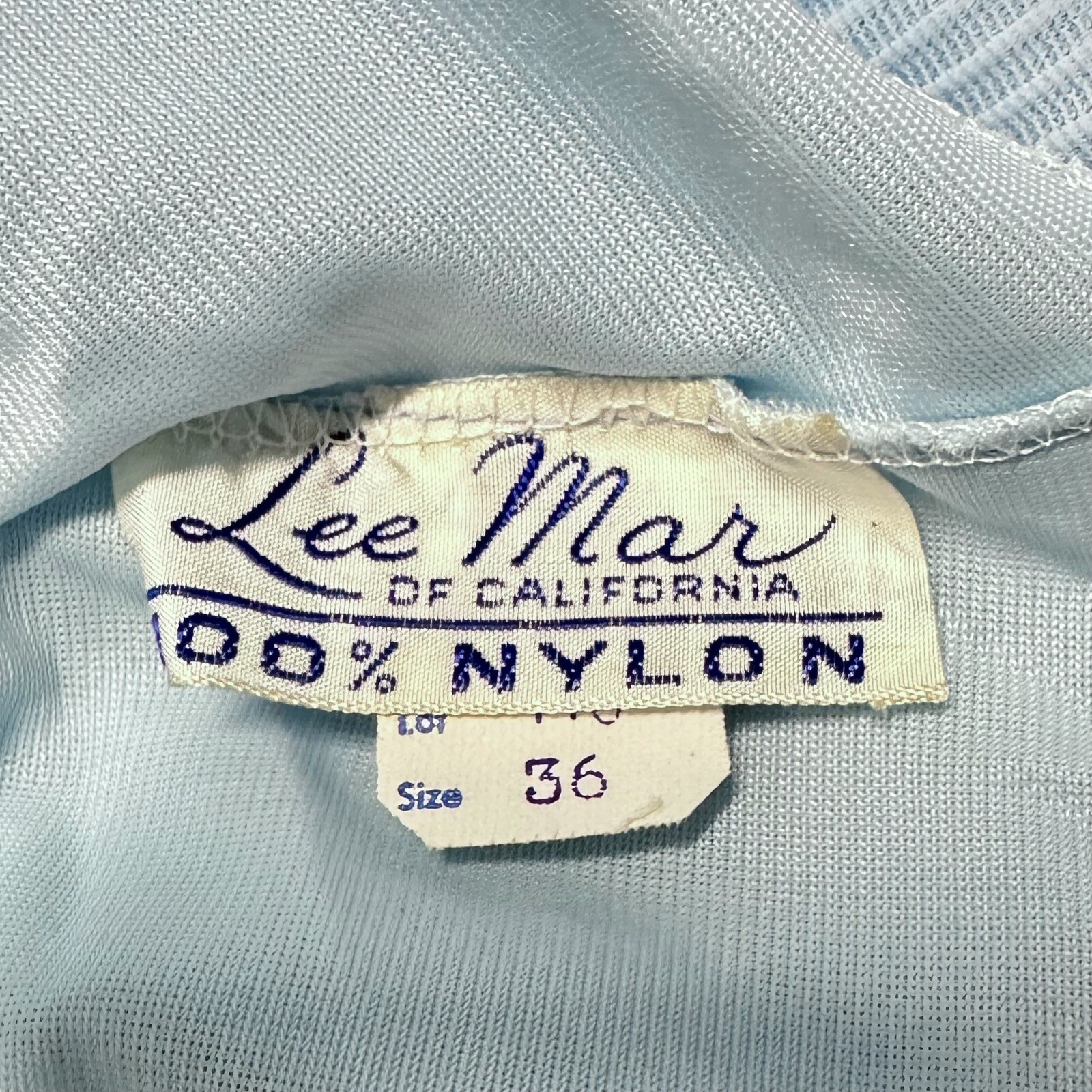Vtg 1960s Lee Mar California Light Blue Inset Lace Balloon Sleeve Nylon Blouse