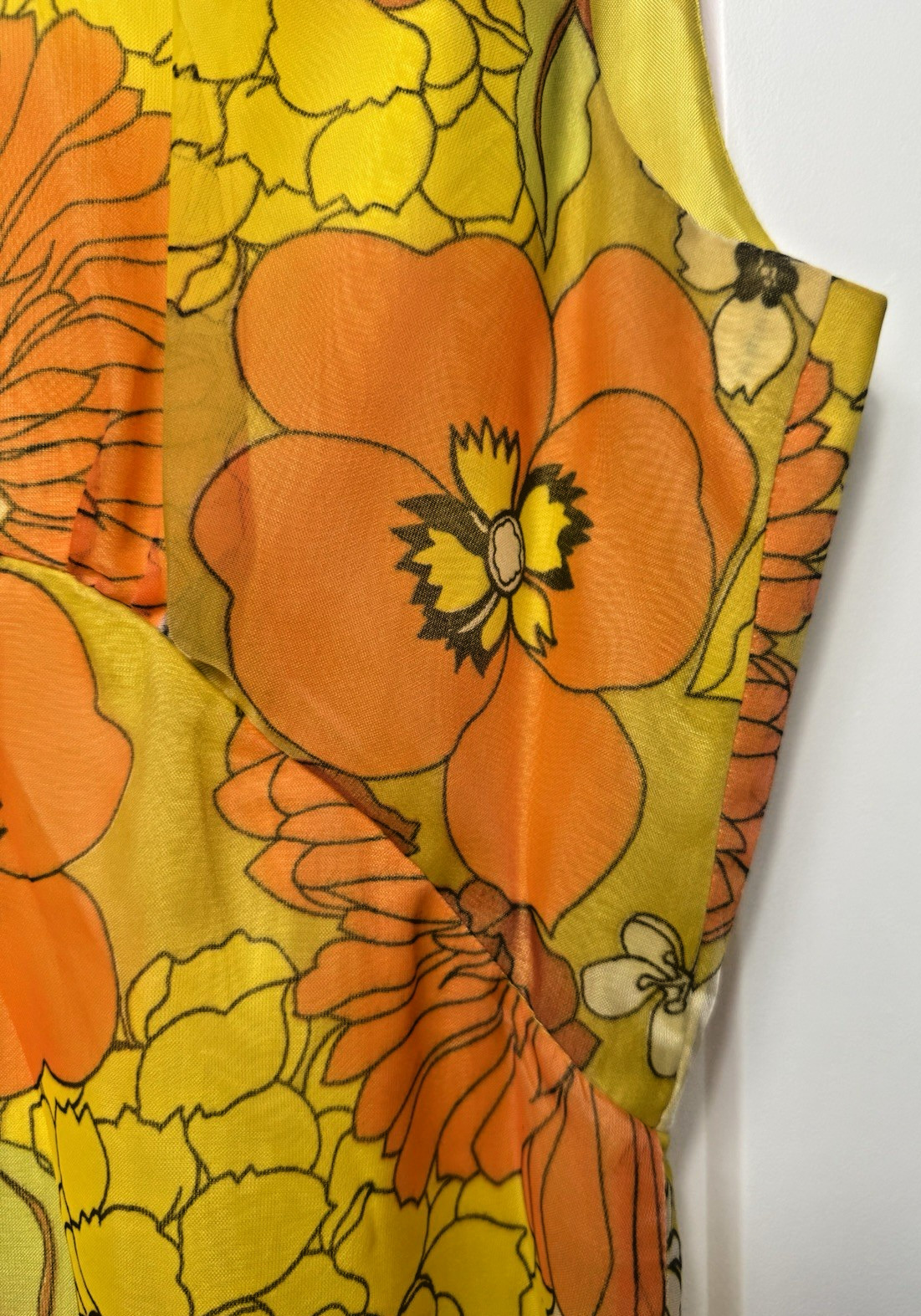 Vtg 60’S Groovy Orange Yellow Sheer Floral Maxi Dress Stiff Chiffon Long Jacket