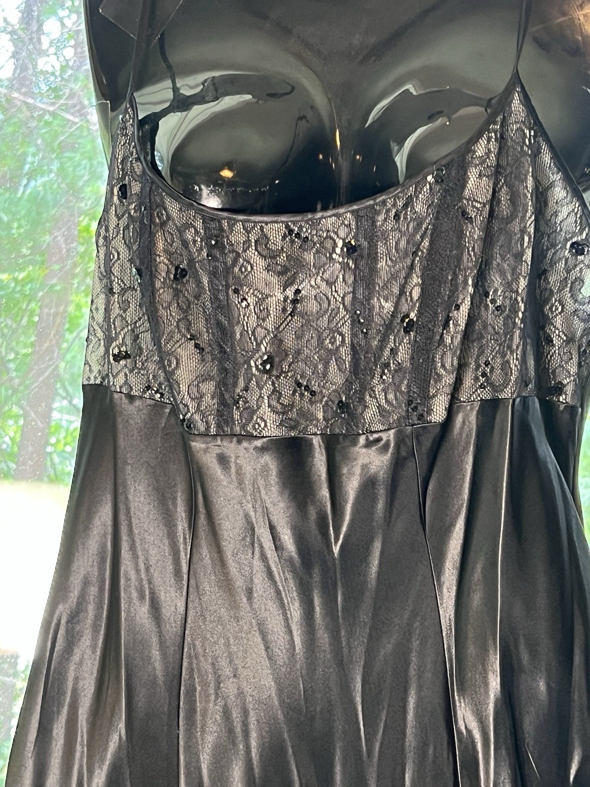 VTG sequin bias cut Silky Cacique Long BLACK EMPIRE SPLIT LINGERIE NIGHT GOWN L
