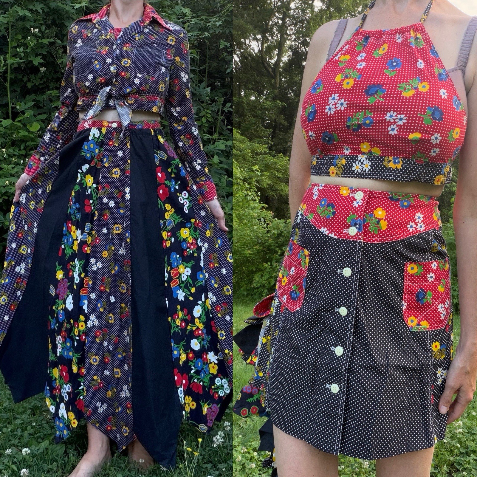 Vintage 1960s 1970s Cotton Four Piece Maxi Mini Skirt Halter Crop Tie Top