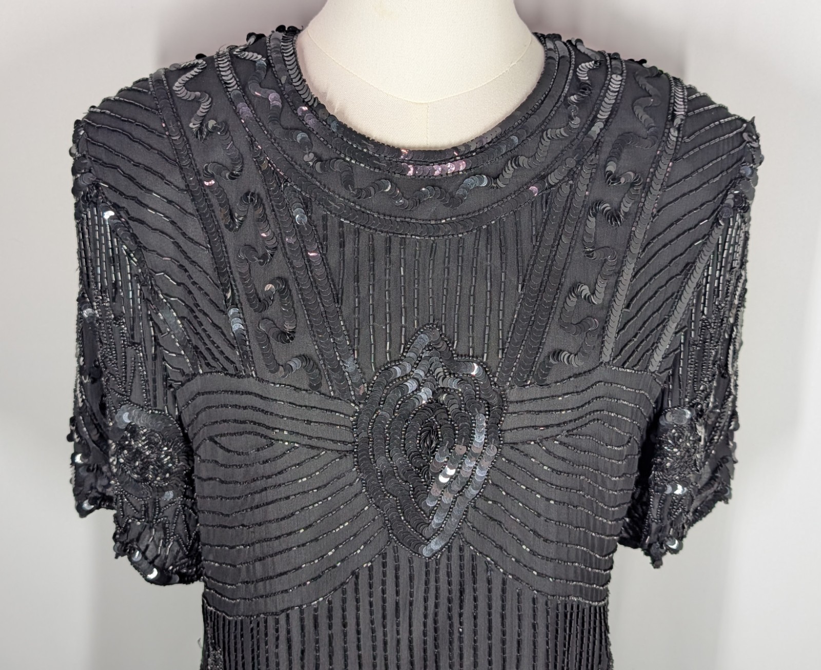 Vintage Carina Women’s Lot Of 2 Silk Beaded Two Piece Outfit Top Skirt Black