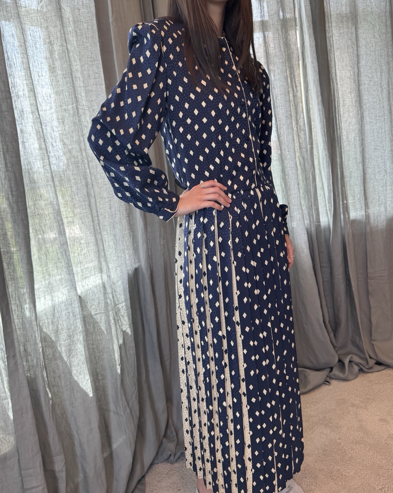 Brooks Brothers | Vintage 80s Silk Pleated Diamond Polka Dot Midi Dress