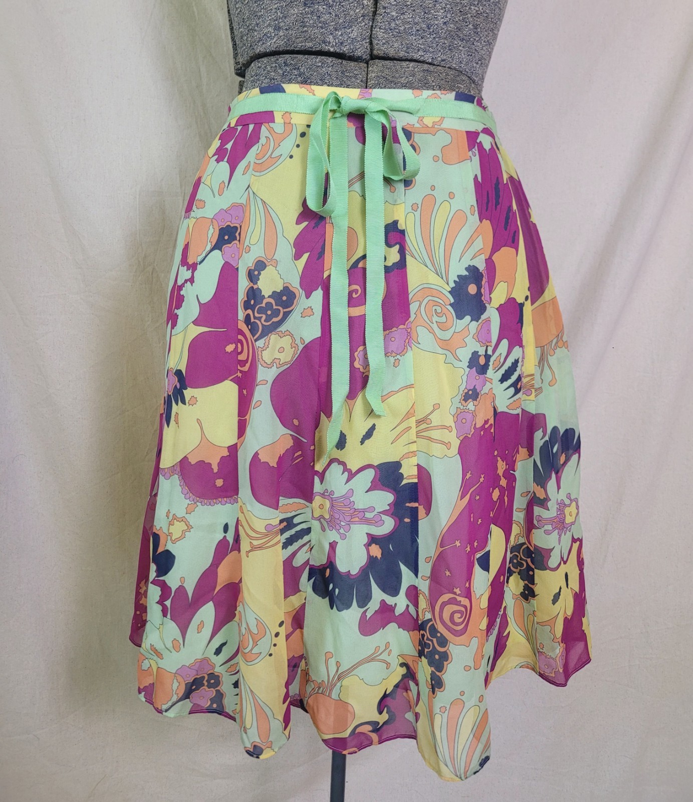 Vintage 90s Y2K Psychedelic Knee Length Skirt Silk Floral Bright Mod Gogo 10 M/L