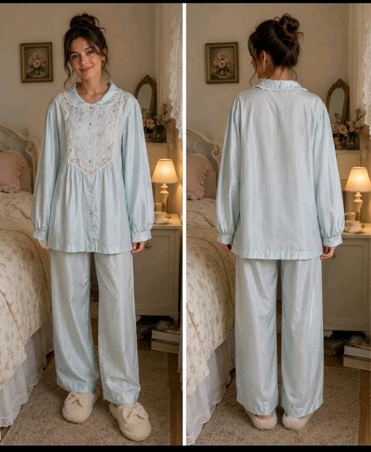 VTG New Womens L Barbizon Melanie Aqua White Lace Floral Embroided Pajama Set