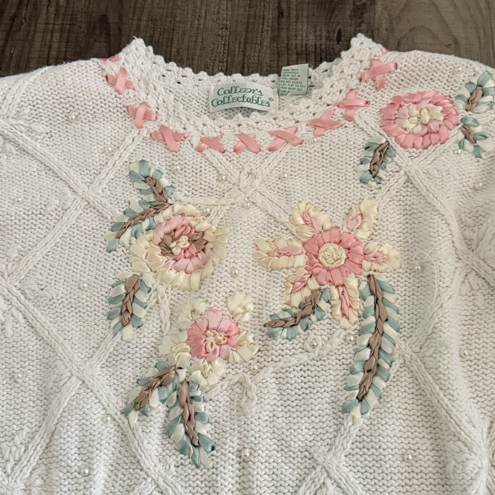 Vtg 80s 90s Cream Knit Floral Ribbon Embroidery Sweater Sz L Coquette Cottagecor