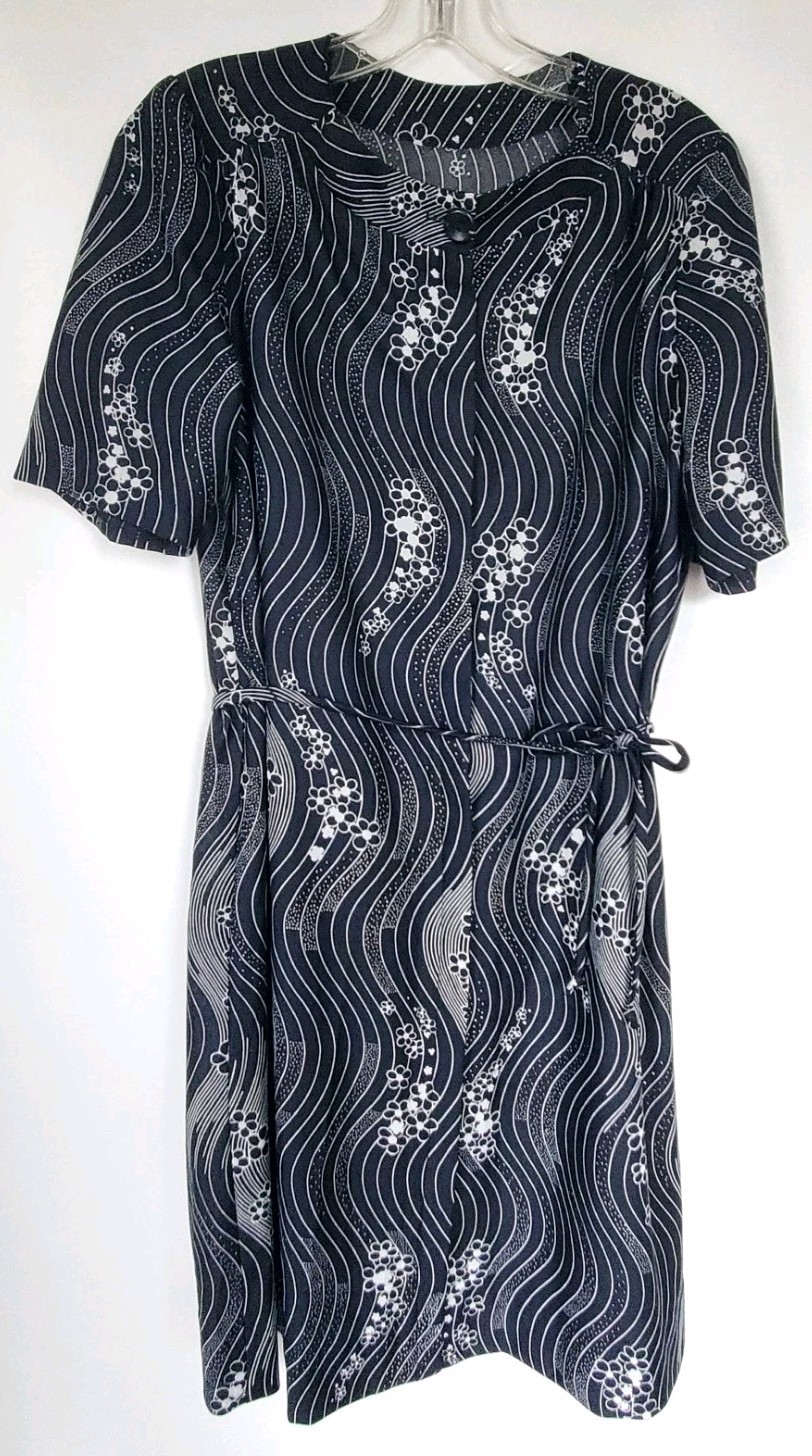 Vintage 60s 70s Op-Art Psychedelic Wave Floral Dress Black White Mod Midi L/XL