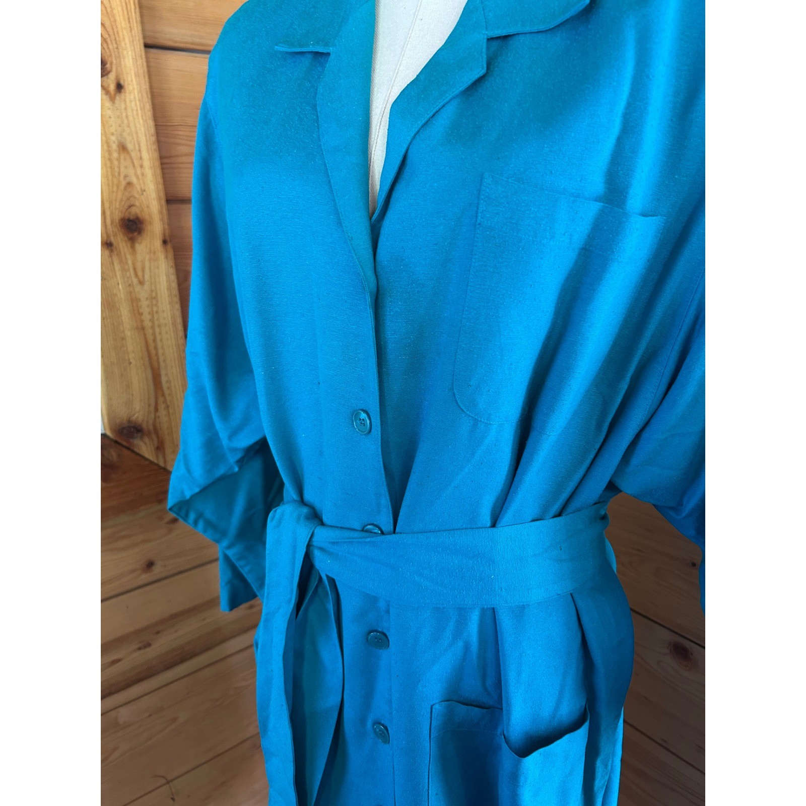 Vintage Silk Shirt Dress Women Size 14 Turquoise Teal Blue Midi Michel Laurent