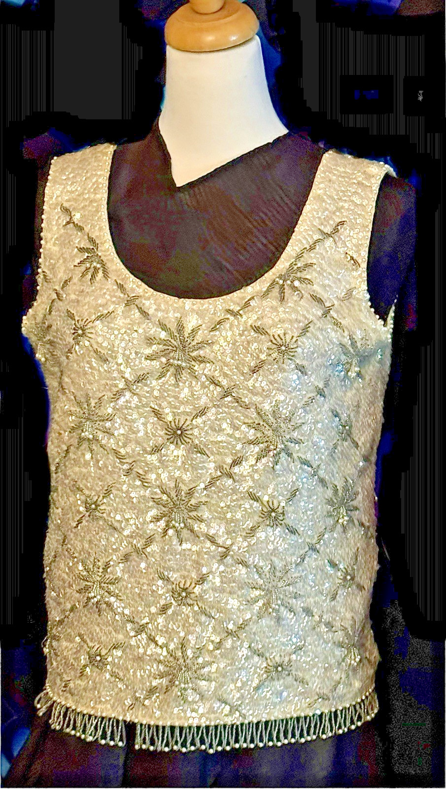 VTG 60’s Ivory Sequin&Beaded Sleeveless Cocktail Top~Tasseled Hem~Back Zip~Sz 12