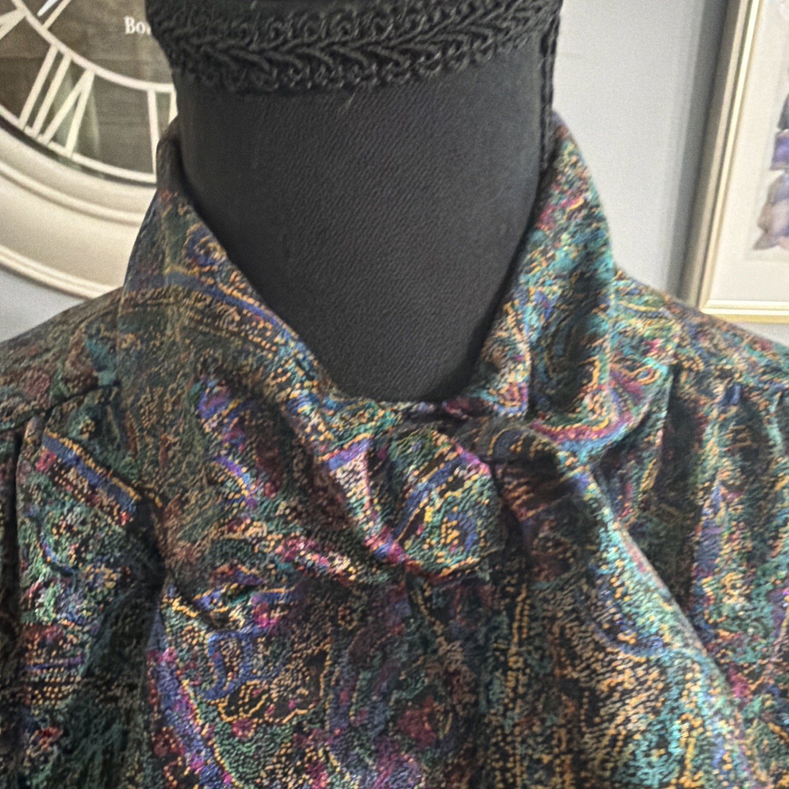 Vintage 80s Secretary Blouse Large Dark Teal Purple Gold