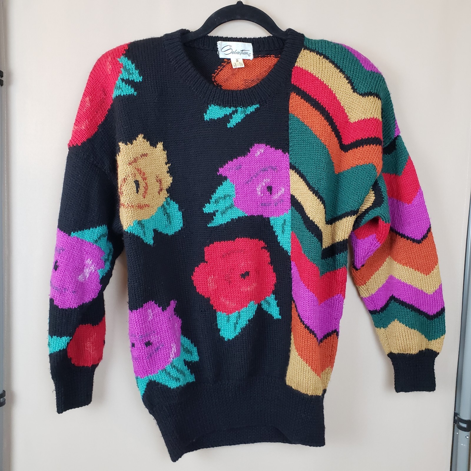 Vintage 80s Sweater M Wool & Mohair Black Bright Roses Stripes Made In England