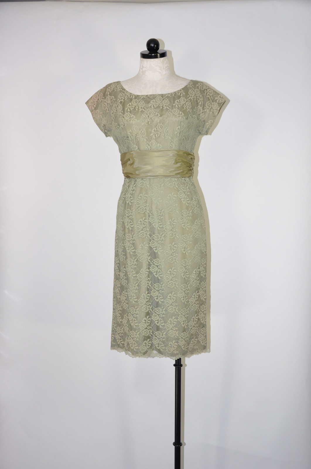 60s Vintage Sage Green Floral Lace Midi Sheath Wiggle Cocktail Dress Women XS S