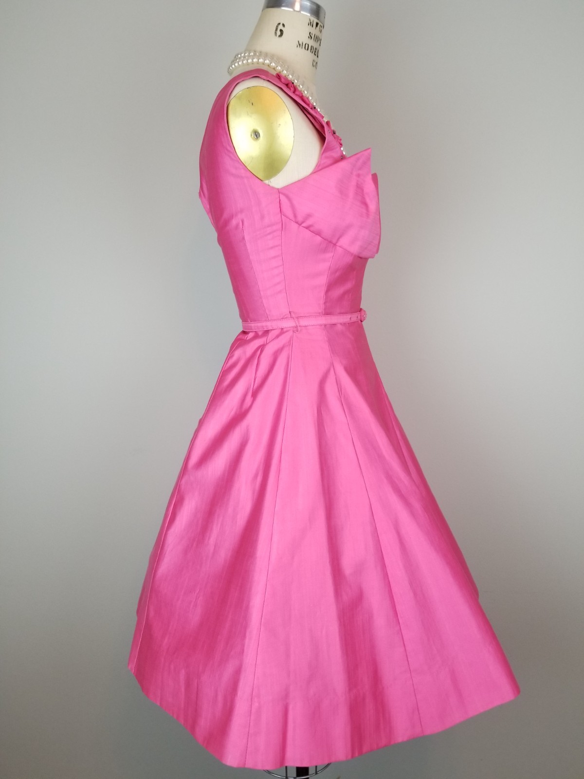 Vintage 1960’s Hot Pink Party Dress Rhinestone & Floral Details Ladies Size Sm