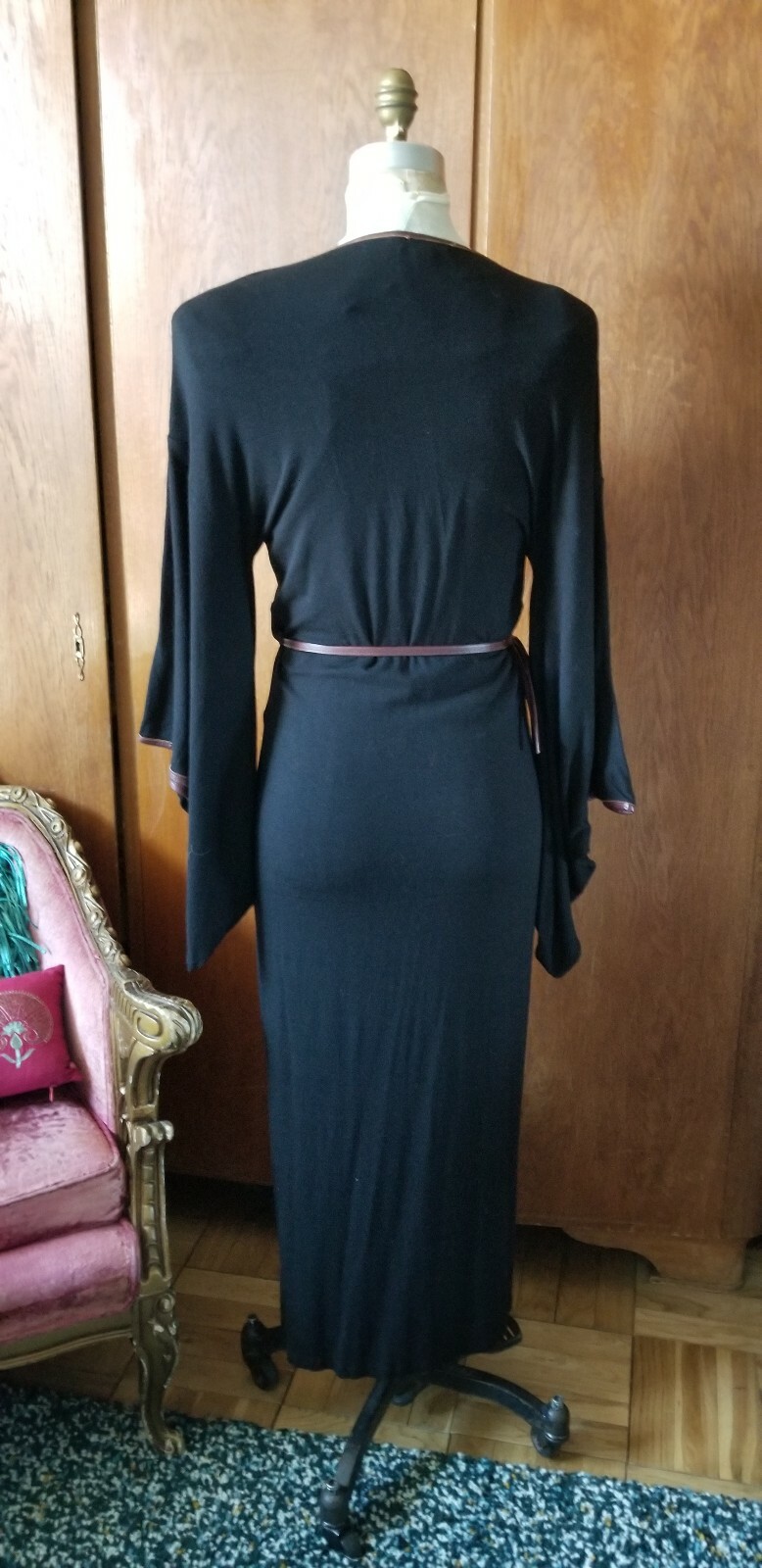 Japanese style Kimono dress Vintage black Cotton lycra Jersey dress/robe size 8