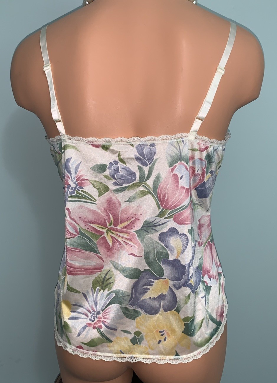 VTG Vanity Fair Glossy Floral Ivory Camisole Cami Top Nylon S 34 36