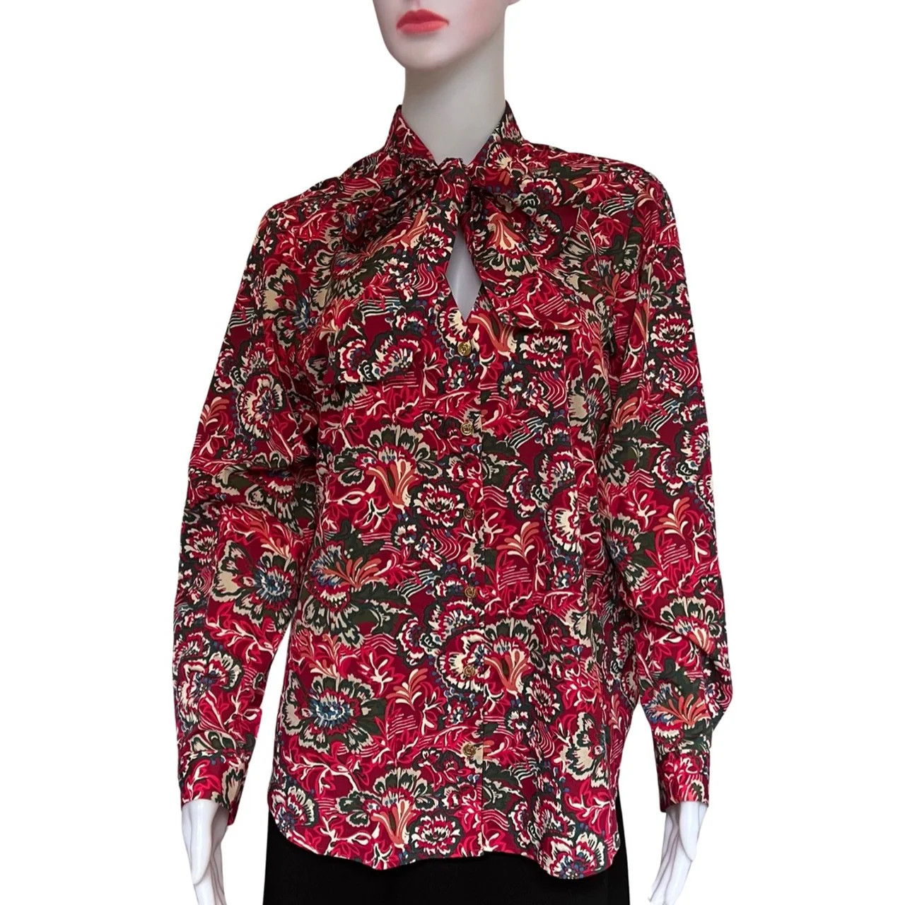 Vintage 1970s Floral Satin Pussybow Blouse Size Large