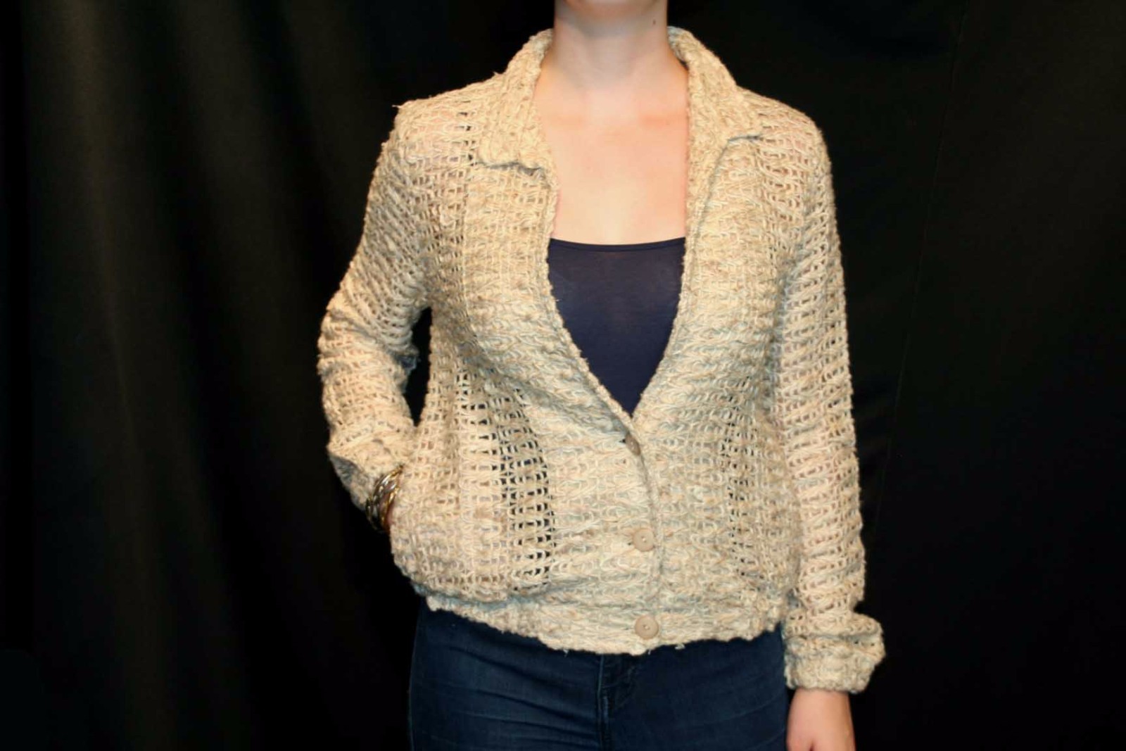 S-M Vtg 70s NATURAL Woven Cotton Knit Cardigan BOHO SWEATER Jacket DI EUROPA