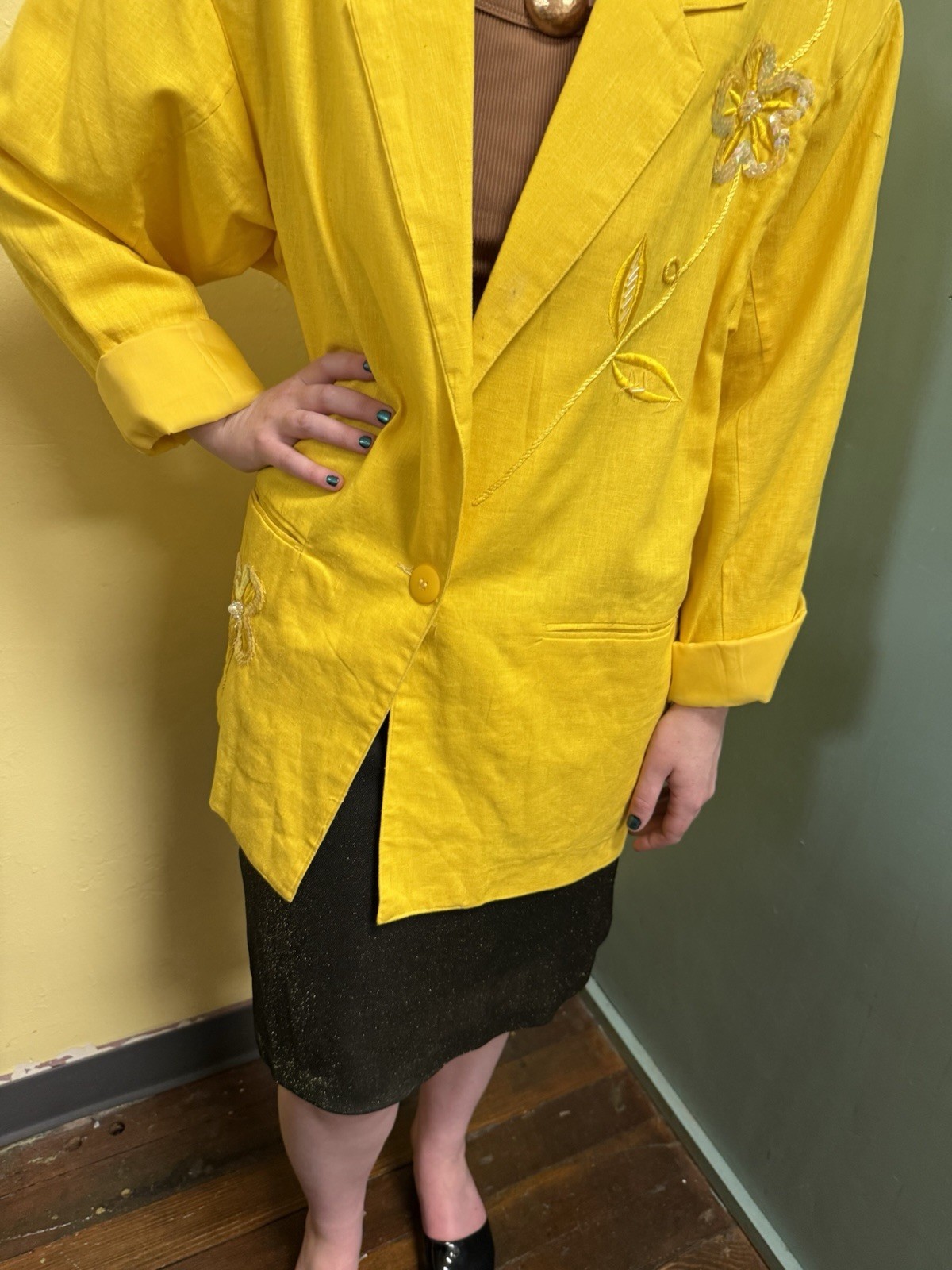 Vintage 80s/90s Adolfo International Yellow Linen Blend Sequin & Beaded Blazer M