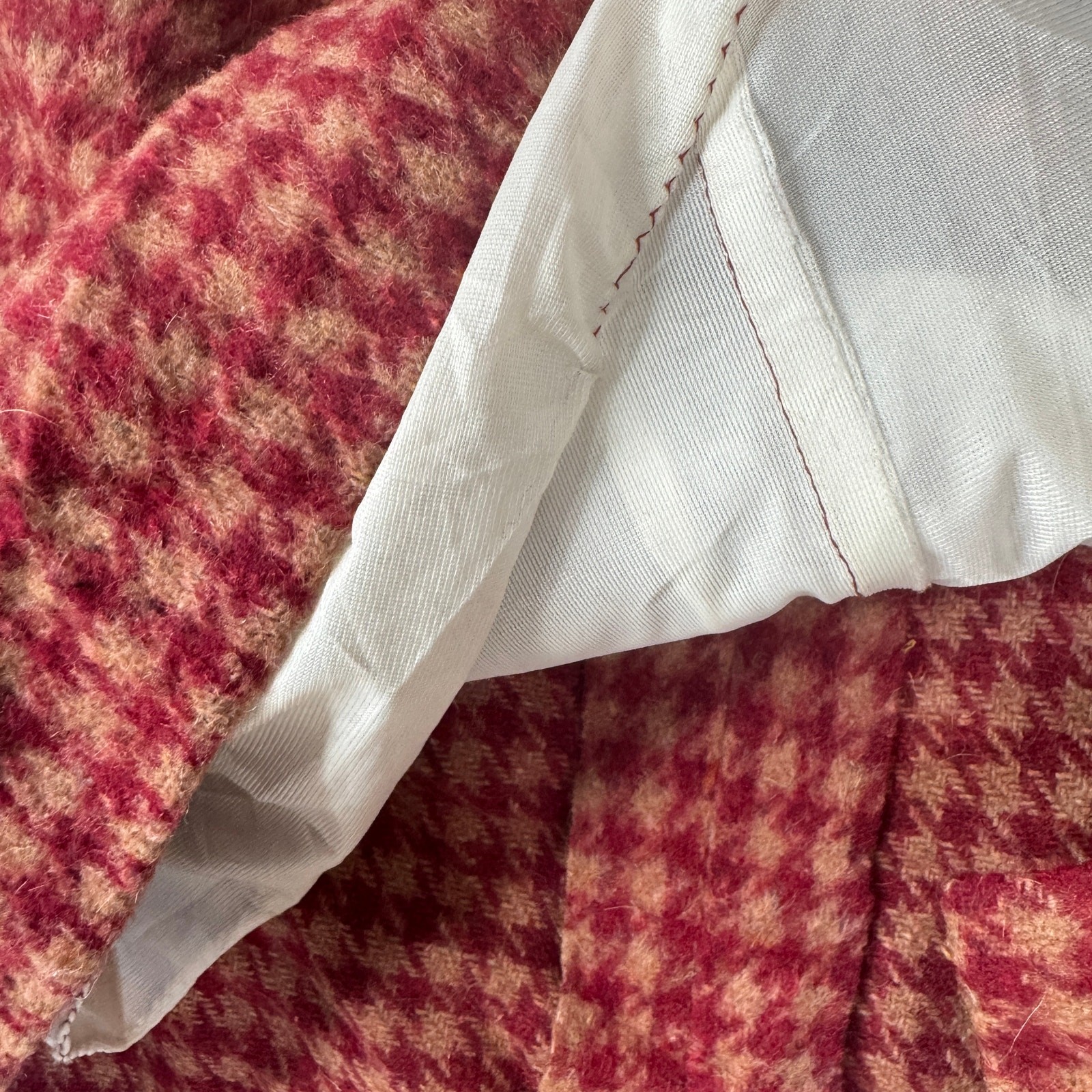 Vintage 60s Heavy Wool Houndstooth Skirt Red Camel Metal Zip 28W Medium Project