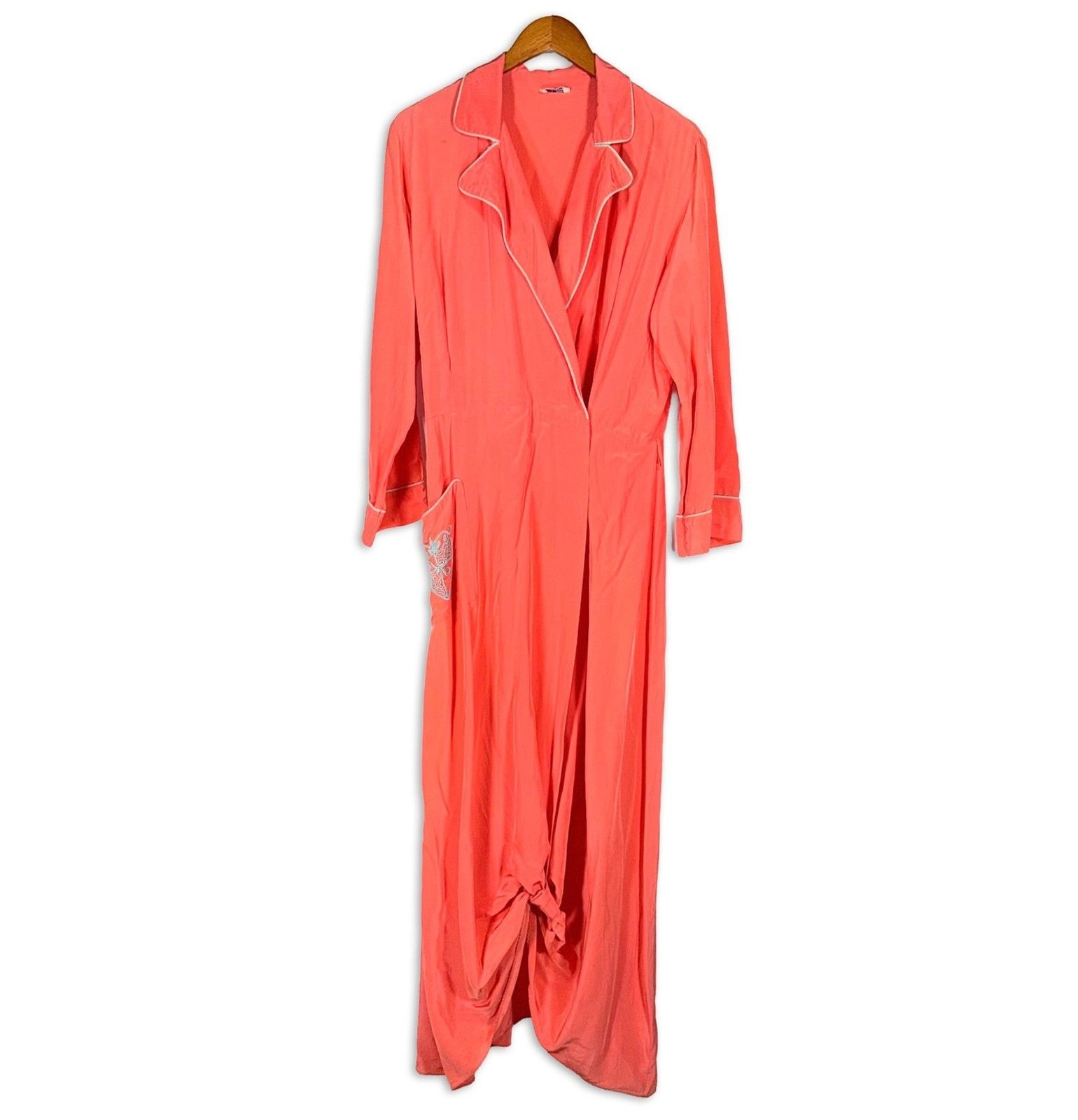Vintage Lyn Delle Coral Lounge Robe Maxi Embroidered Pocket Boudoir USA