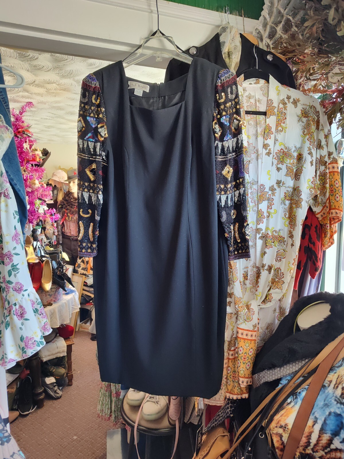 Vintage AJ Bari Size 18 Black Sheath Dress Sequin Beaded Sleeves Cocktail