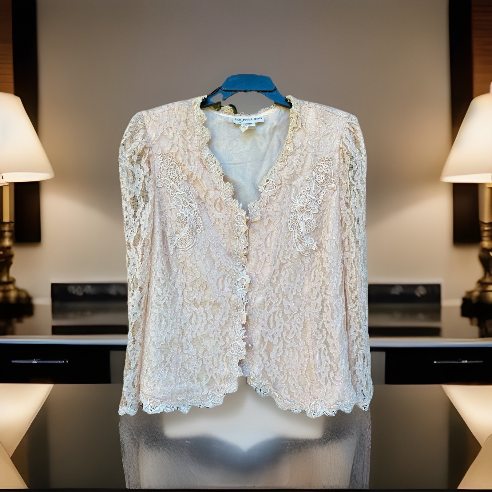 VTG 90s Lisa Michaels Romantic Coquette Top Jacket Peach Lace Size 24