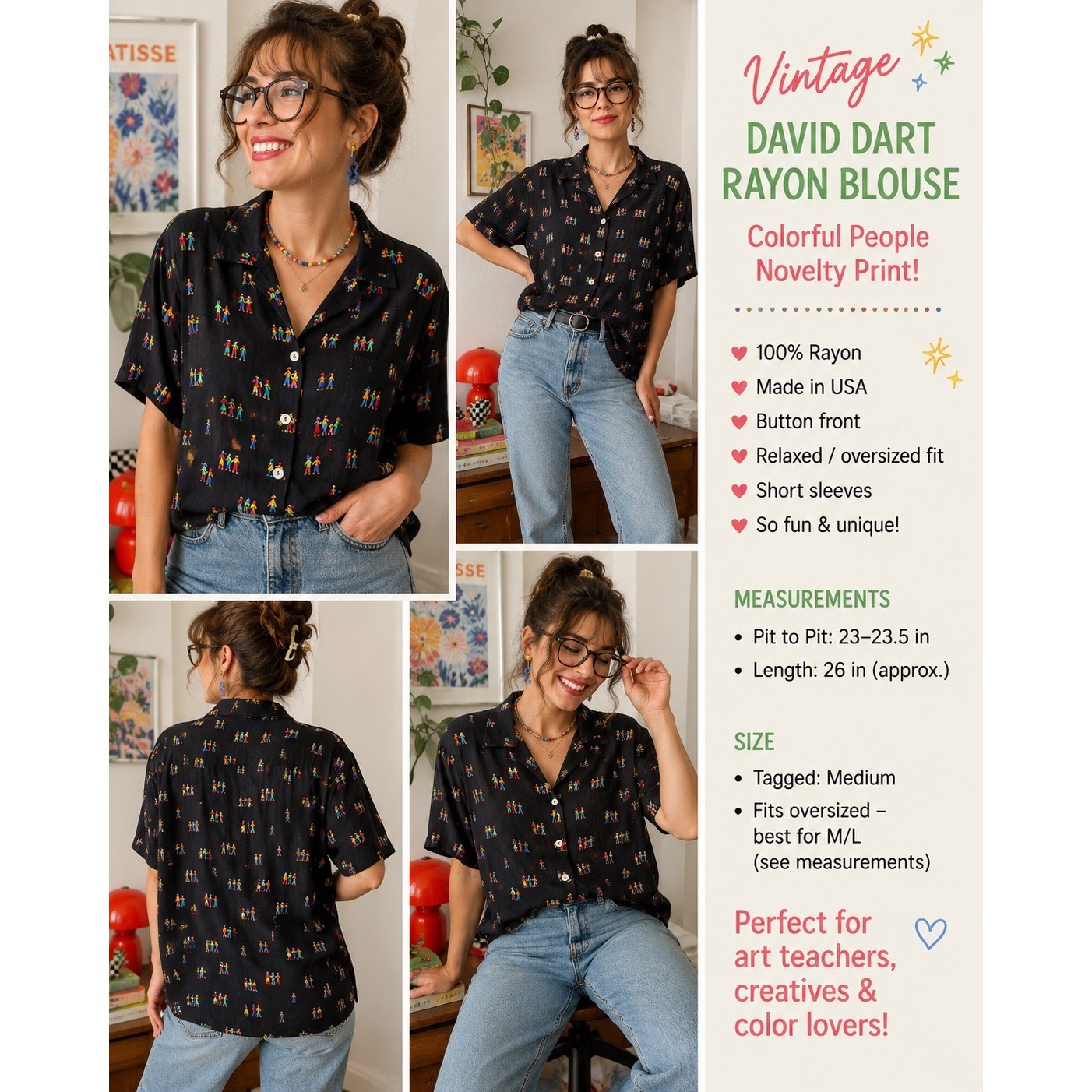 Vintage David Dart Dress Rayon Button Up Blouse Novelty Print Art Teacher M