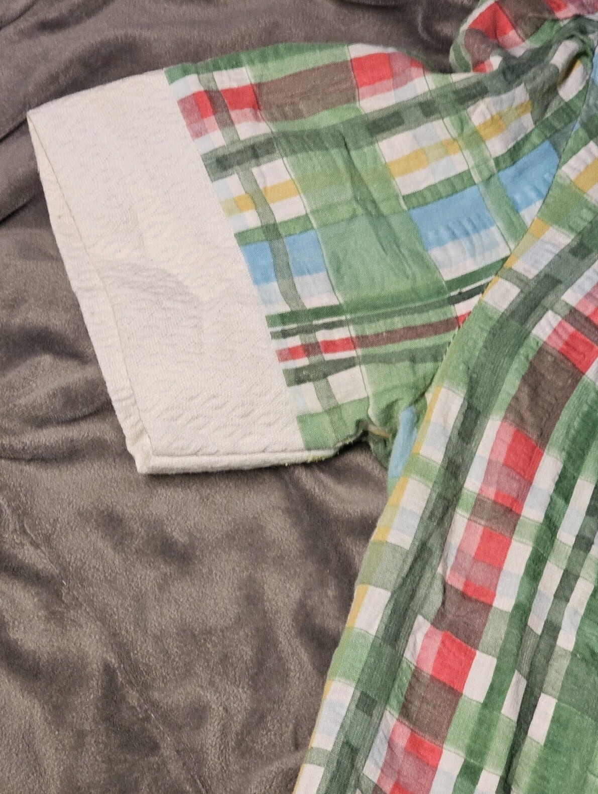 VTG Sears Fashions Shortsleeve Blouse Plaid Pastel Green Collared Cotton 70s 14