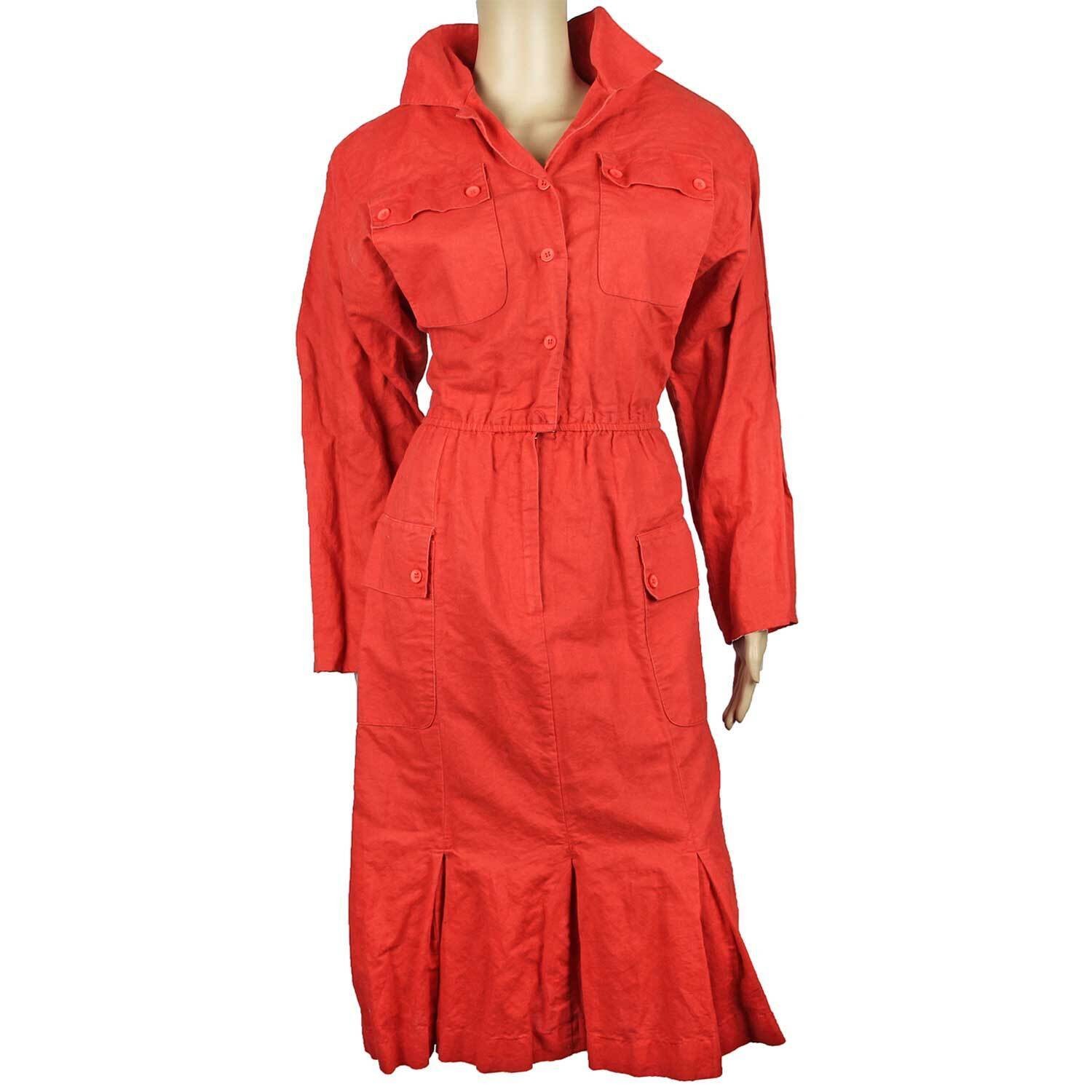 1980s Vintage Red Cargo Utility Dress Cotton Shirtdress Pockets Melissa Lane 12