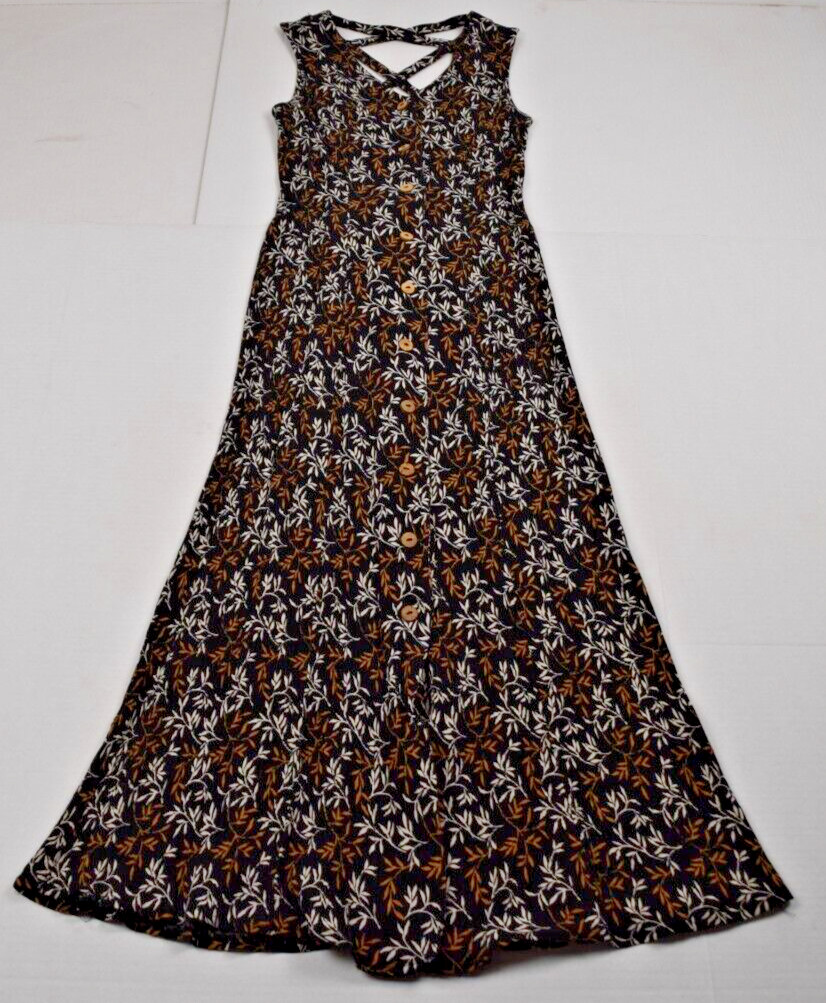 Vintage Sleeveless Dress Scarlett Size S 90s Black Rayon Floral Full Button Maxi
