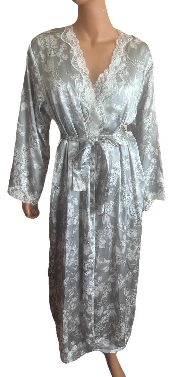 VTG Jacklyn Smith Full Length Satin Robe + Night Gown Set Silver Floral NWT M