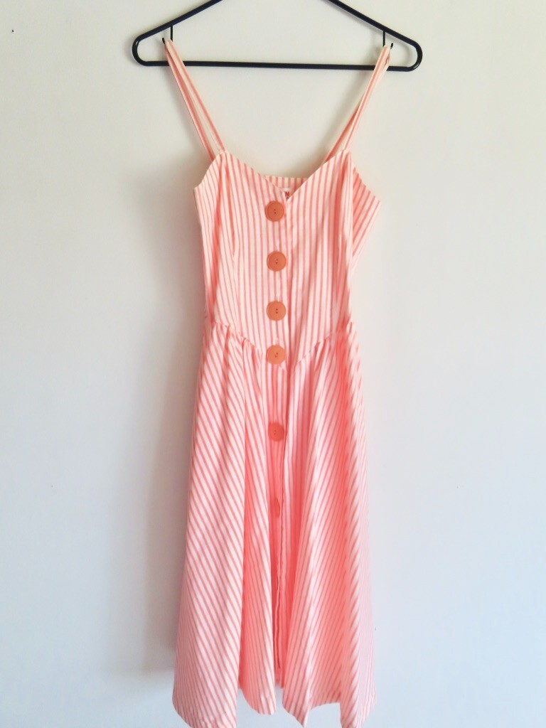 1990s Vintage Orange Stripe Pockets Hang Ten Full Skirt Dress sz XS / 32″ chest