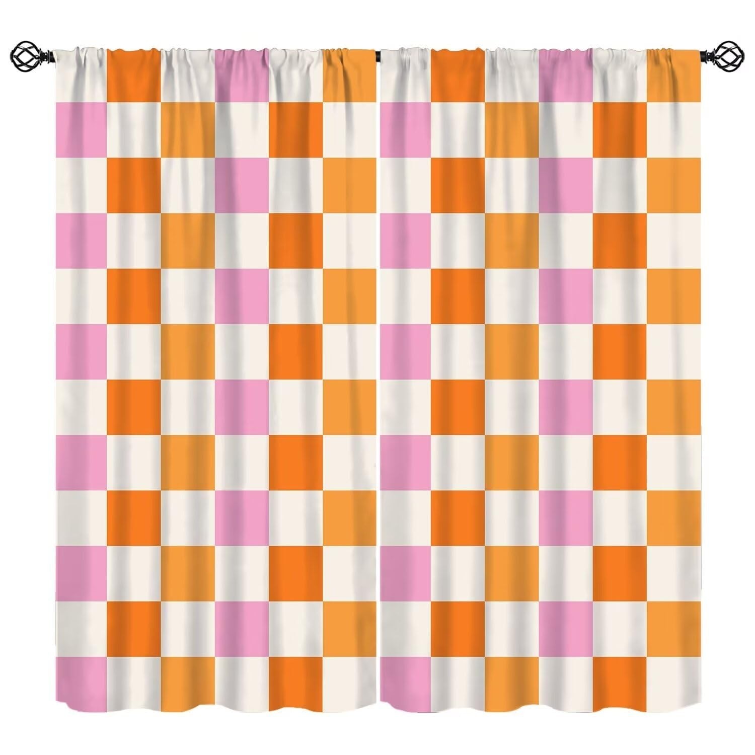 Hippie Retro 70s Curtains Vintage Geometric Square Grid Yellow Orange Pink 19…