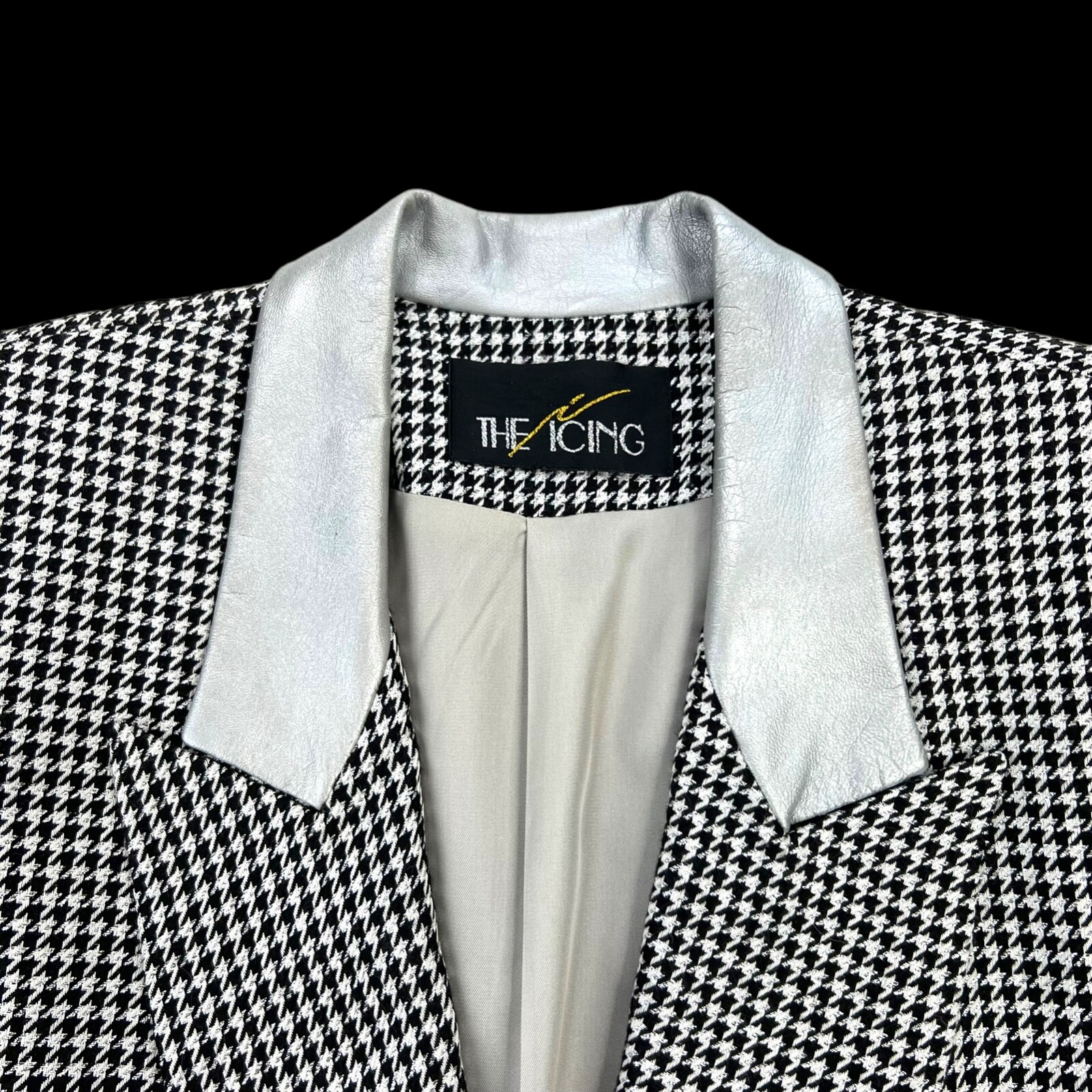 VTG 80s THE ICING WOMENS  BLAZER JACKET SZ L HOUNDSTOOTH SILVER THREAD