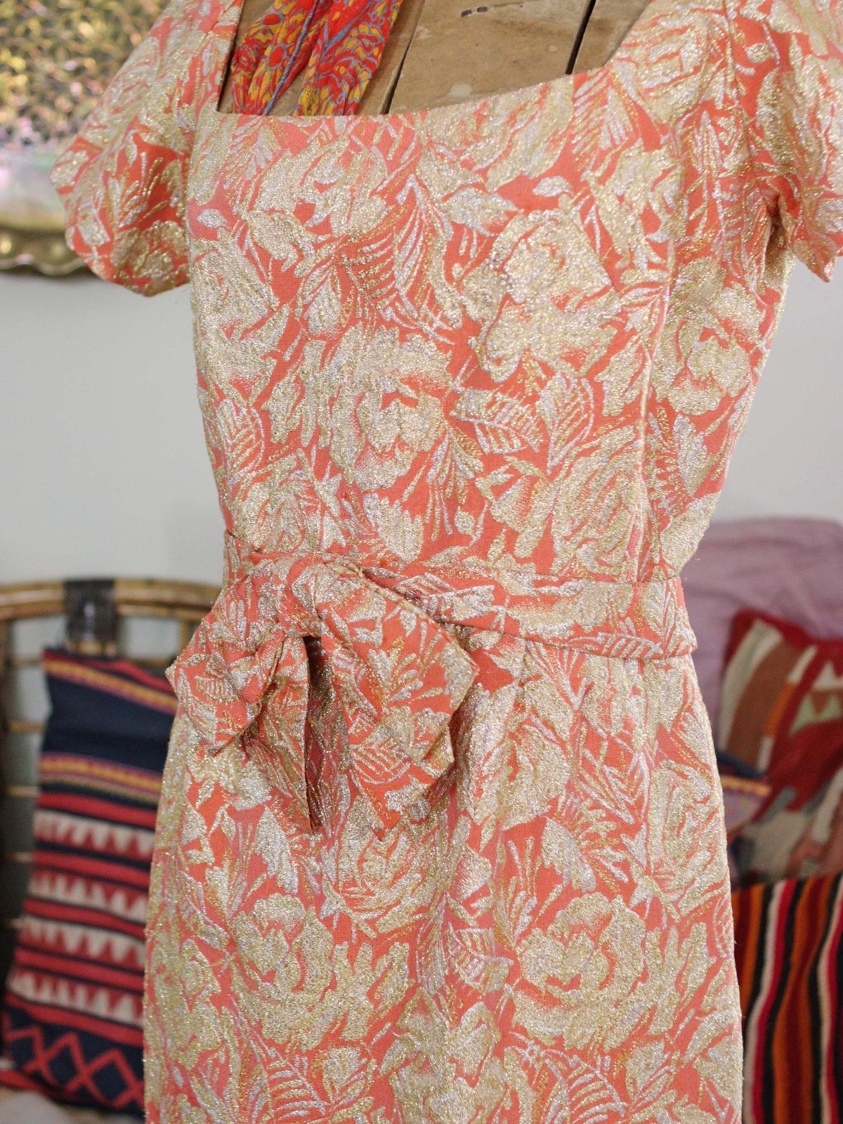 Vintage Ceil Chapman 1950s Designer Wiggle Dress Coral Pink Metallic Gold Rose