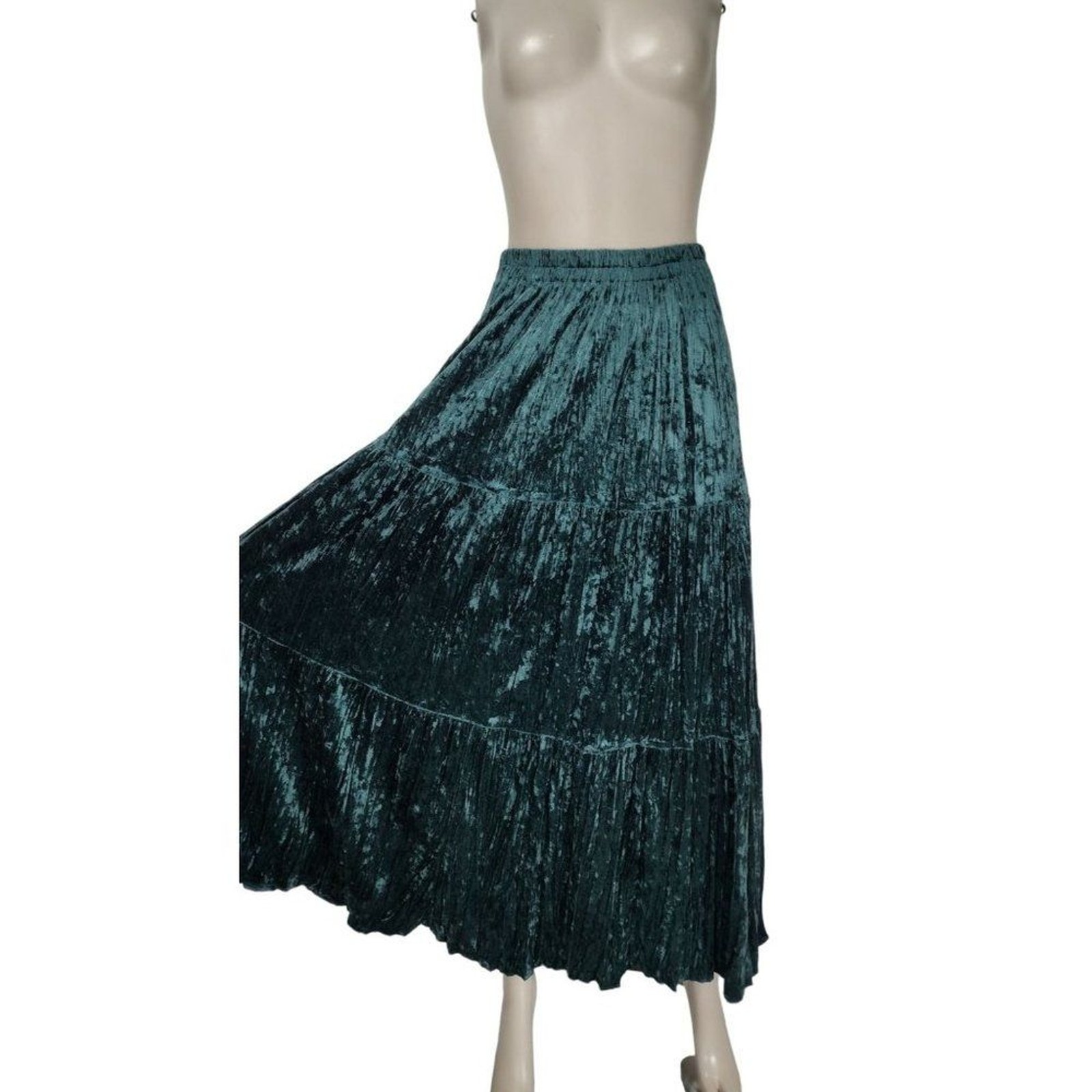 Vintage 70s Western Boho Prairie Green Crushed Velvet Tiered Maxi Skirt Top Set