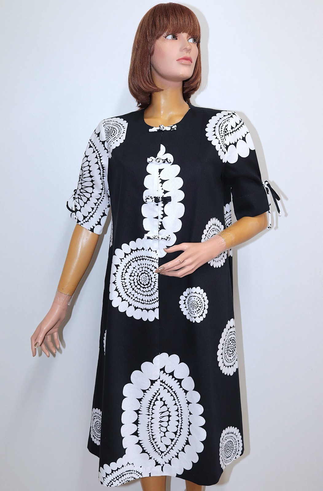 Vintage 60s Black/White Cotton Pique Hawaiian Tunic Dress WALTAH CLARKES Size M