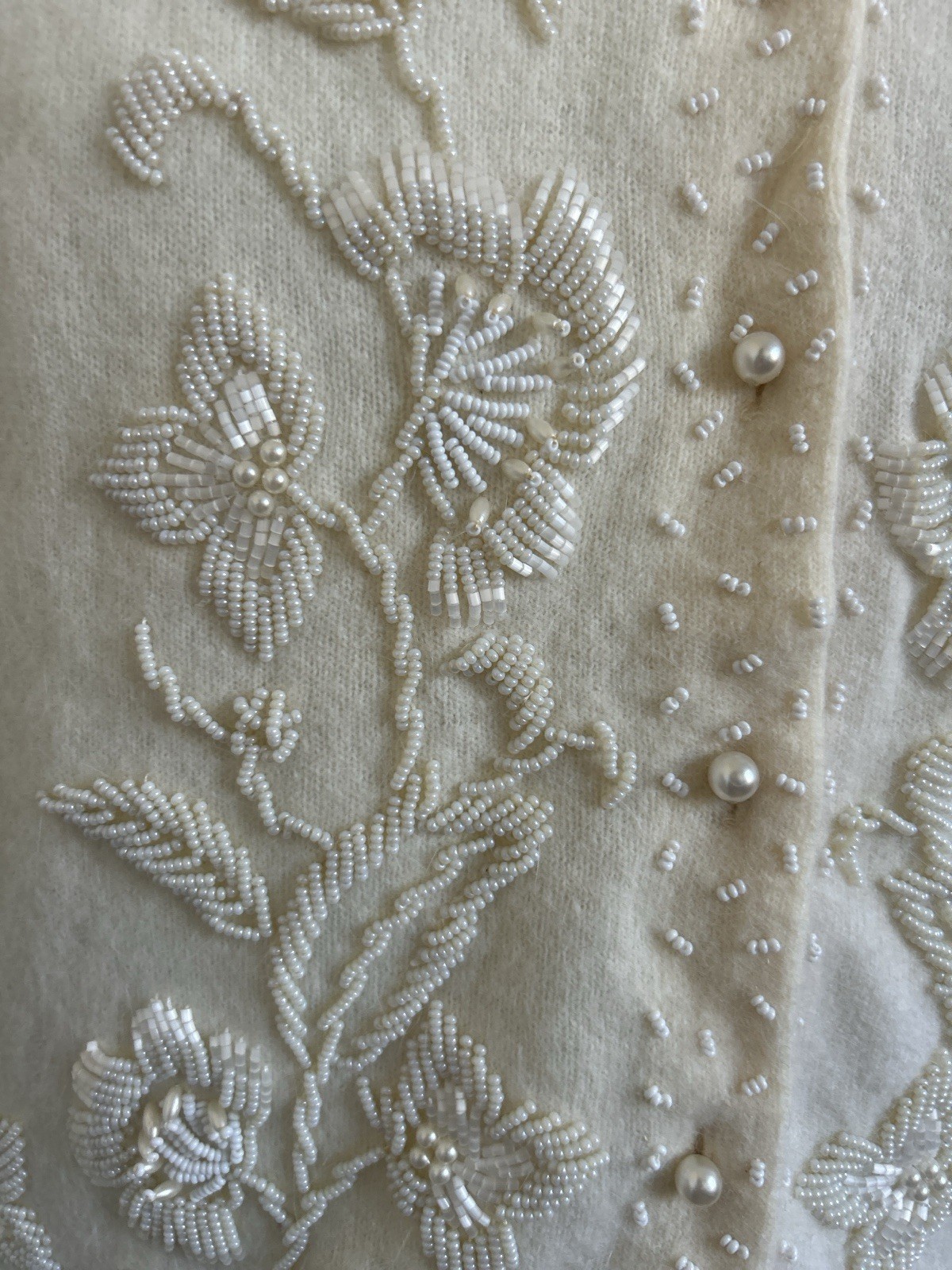 Vintage 1950’s Beaded Angora Cardigan Ivory Pearl Button Hand Embroidered