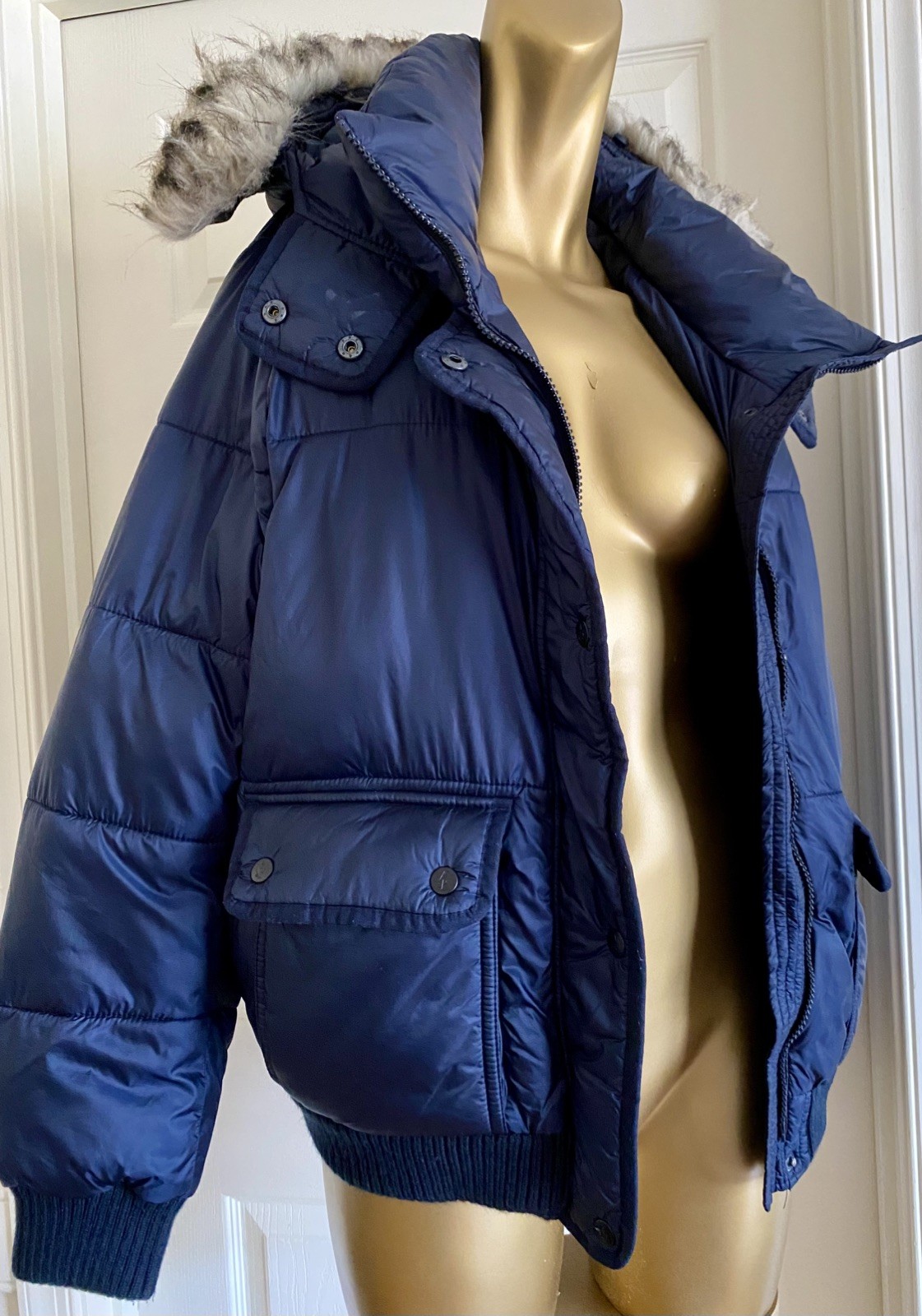Vintage Y2K Abercrombie & Fitch Faux Fur Hood OG Blue Puffer Jacket Coat Size L