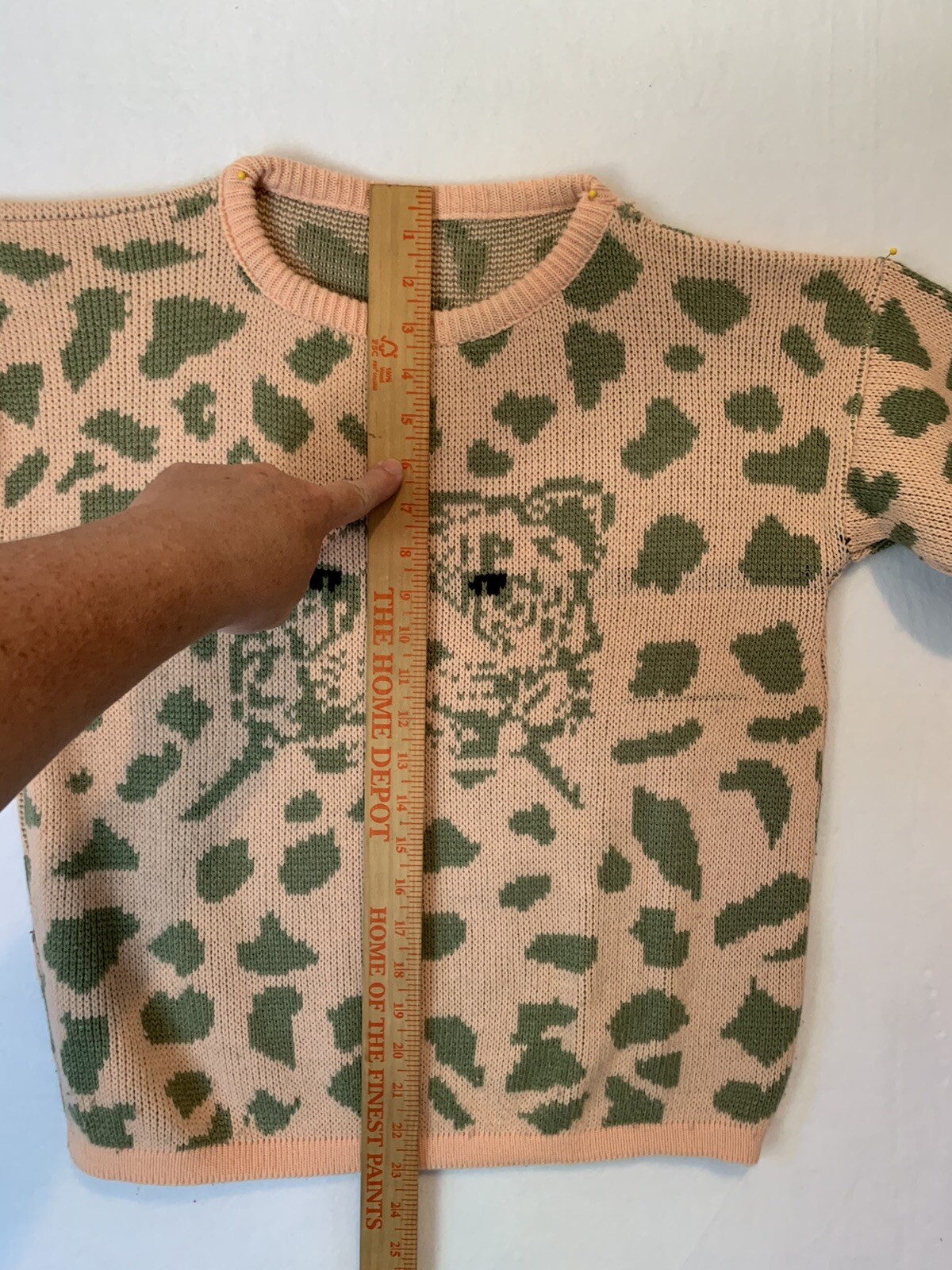 Vintage 80s Precious Knits Leopard Sweater Long Sleeve Pink Green Unmarked FLAW