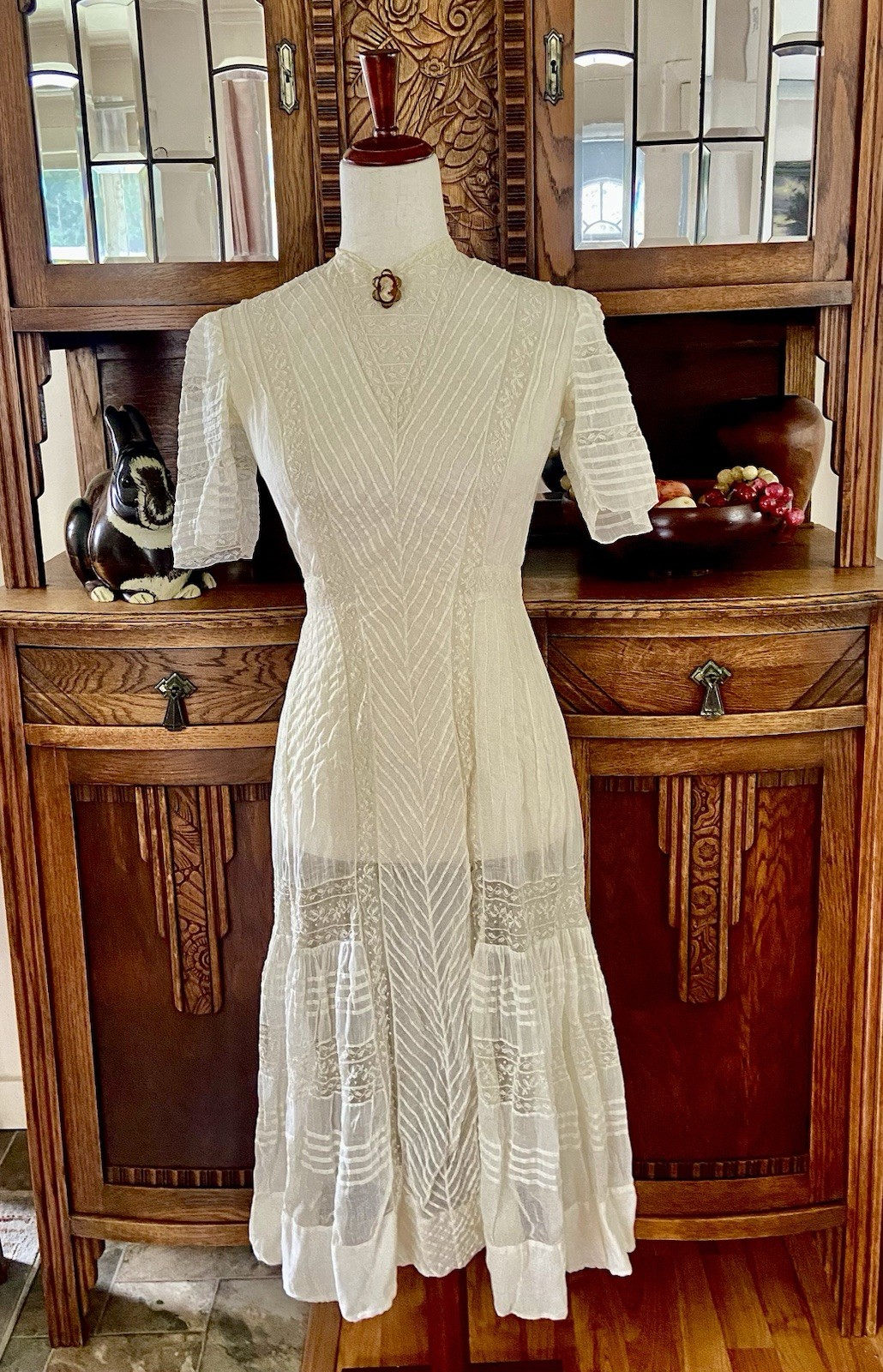 1907 Antique Embroidered Edwardian Era White Muslin Lace Dress “Hazel Slifir” 13
