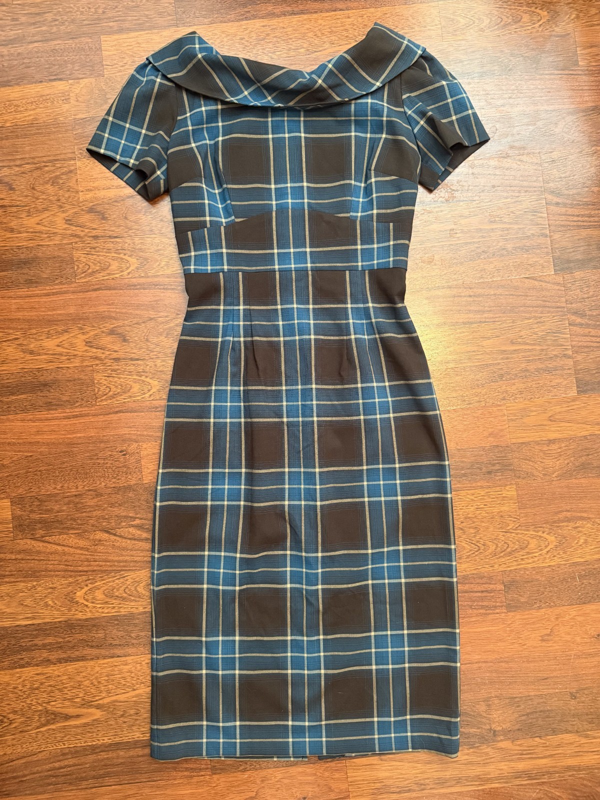 Stop Staring Vintage 40’s 50’s Blue Brown Plaid Wiggle Dress PinUp M