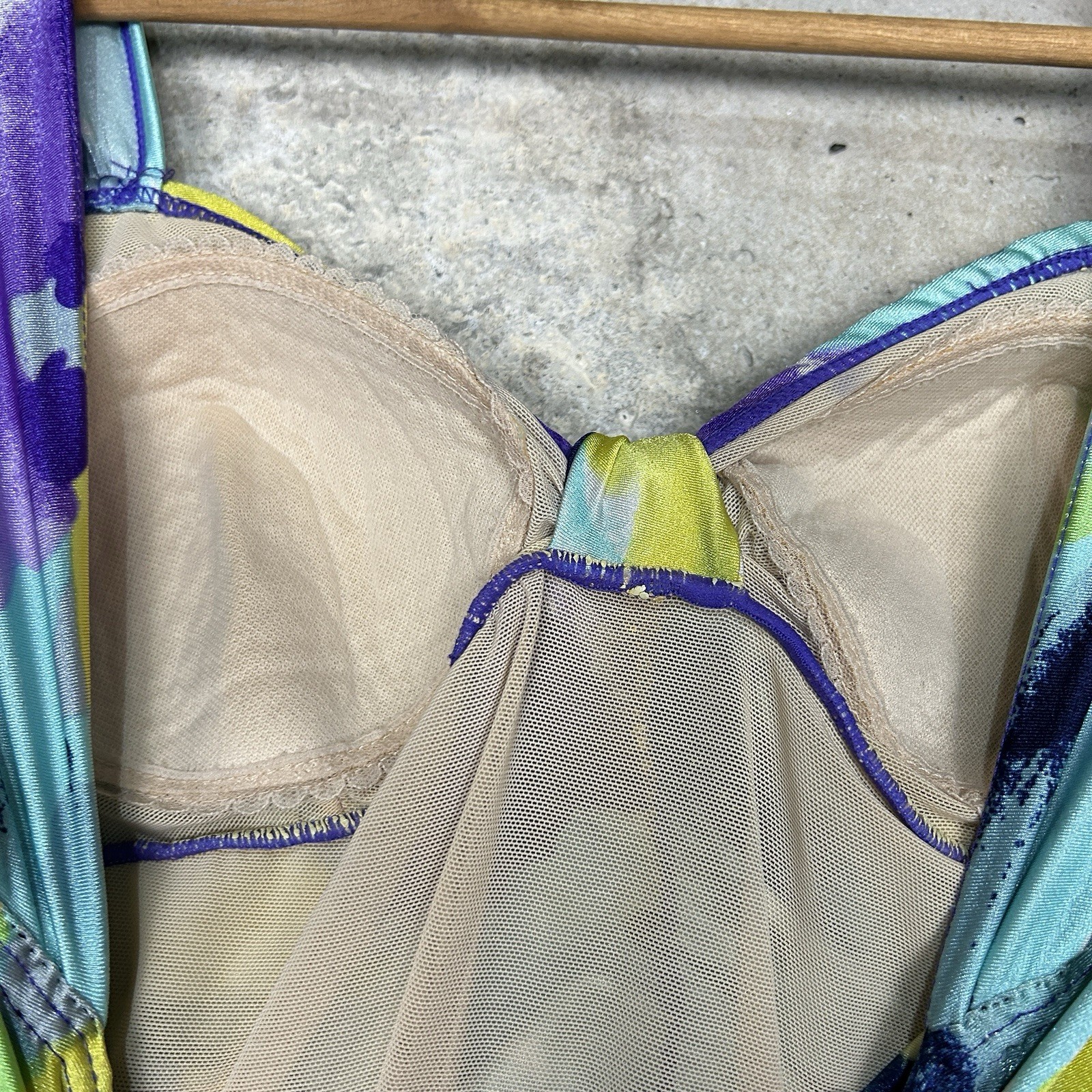 Vintage 90s Esther Williams one piece blue purple yellow abstract ruched 10/med